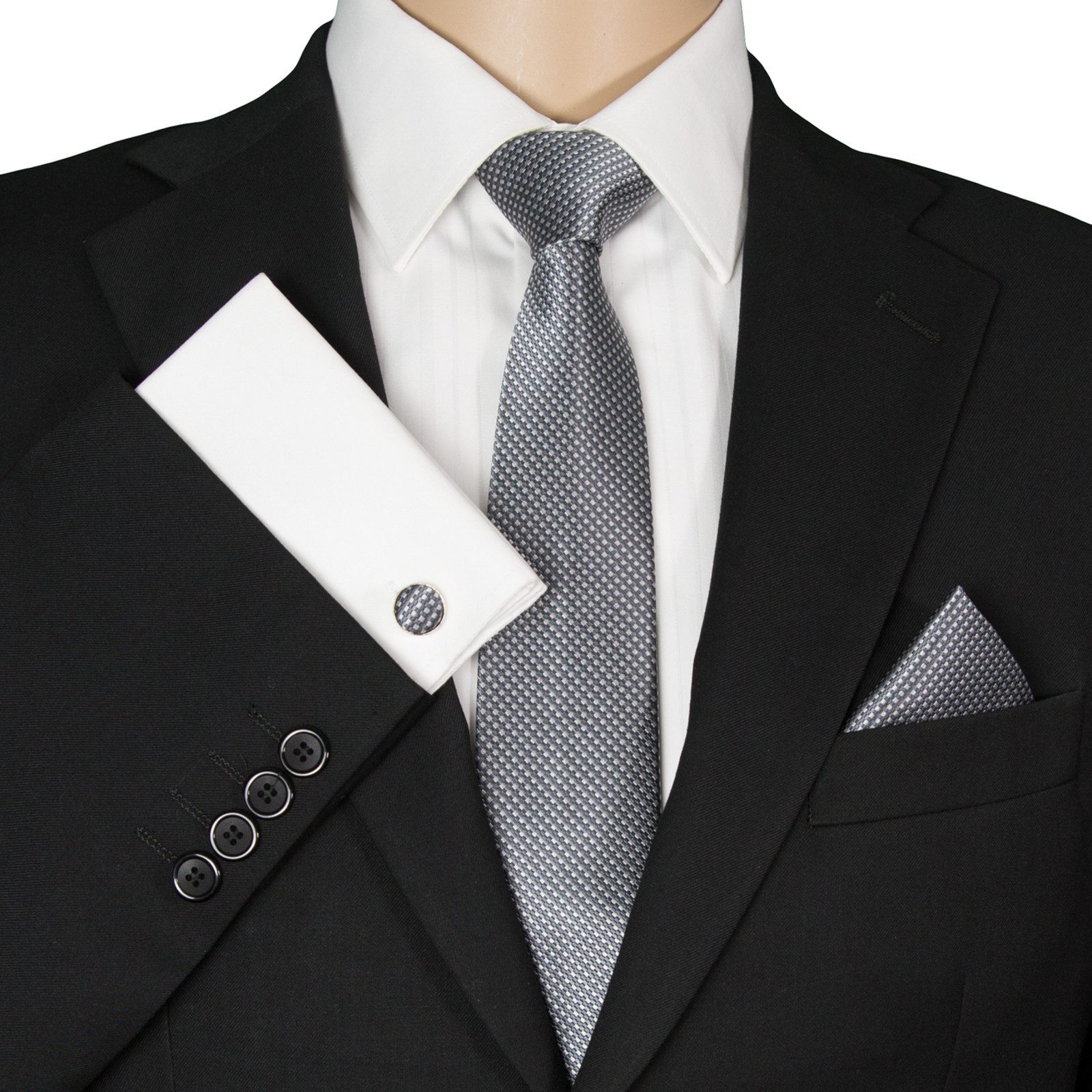 GASSANI Krawatte Karo Hochzeitskrawatte Tuch Festlich Schmal, Herren-Schlips Business (Set, 3-St., Manschettenknöpfe, Krawattenset, mit Einstecktuch) Kariert, Gepunktet, Punkte, Dots, Tupfen, Grid Struktur, Seide-Touch