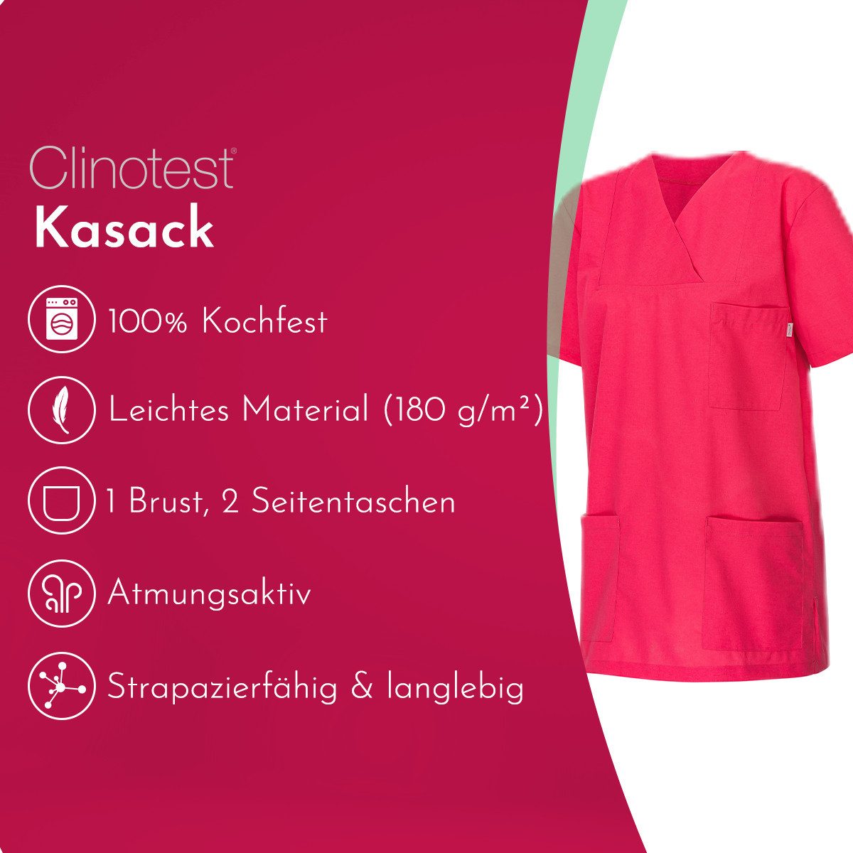Clinotest Funktionsbluse Kasack Damen & Herren - 95 Grad waschbare, kochfest ohne einzulaufen (1-tlg) Schlupfkasack aus Baumwolle & Polyester - Berufsbekleidung – Bild 2 von 5