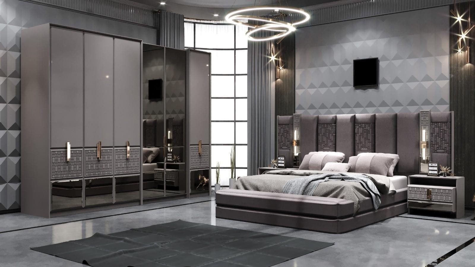 JVmoebel Schlafzimmer-Set Luxus Schlafzimmer Set 4-tlg mit modernem Kopfteil und Spiegeloptik, (4-tlg)