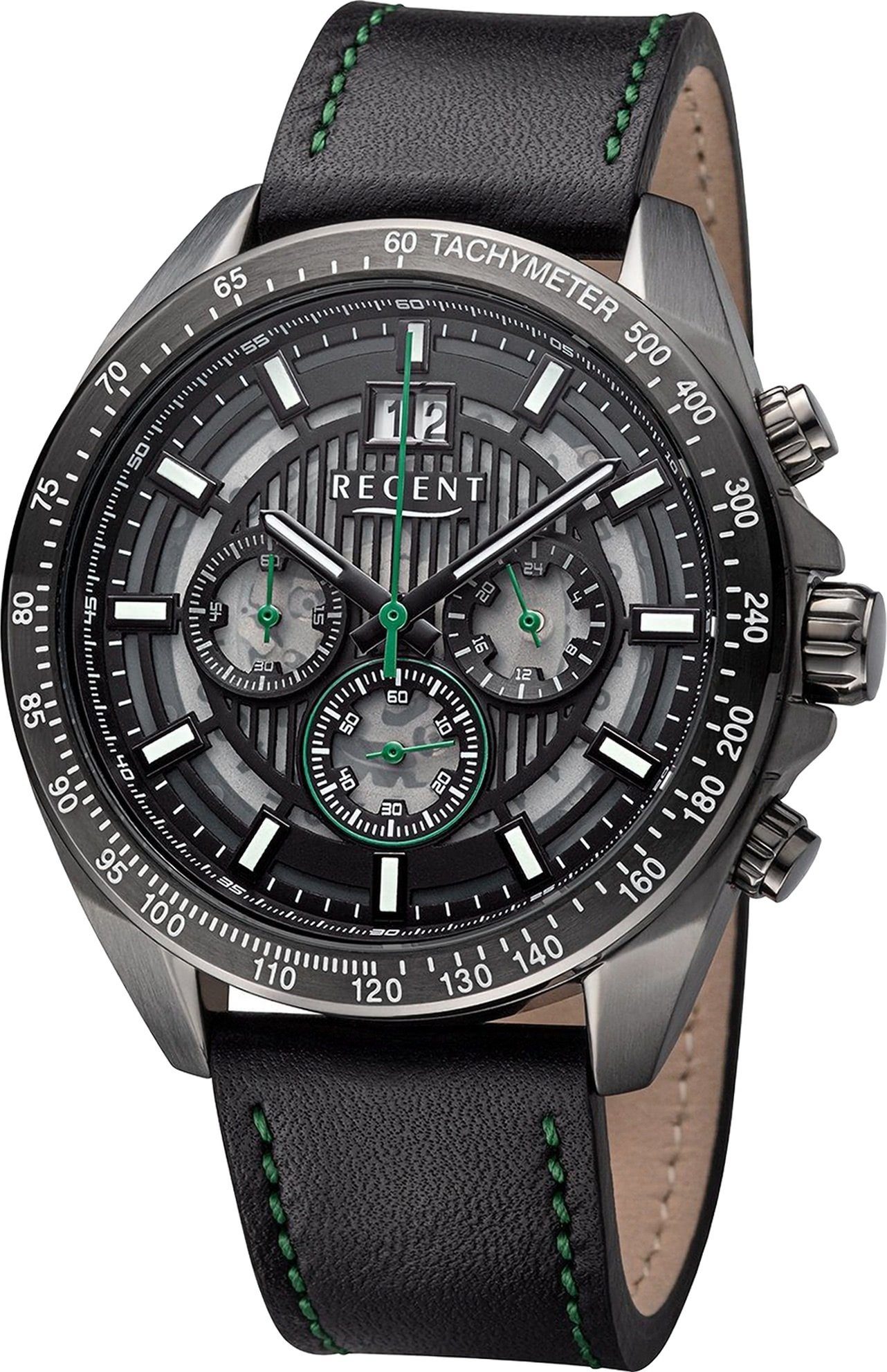 Regent Quarzuhr Regent Herren Armbanduhr Analog, Herren Armbanduhr rund, extra groß (ca. 46mm), Lederarmband schwarz IPB grün