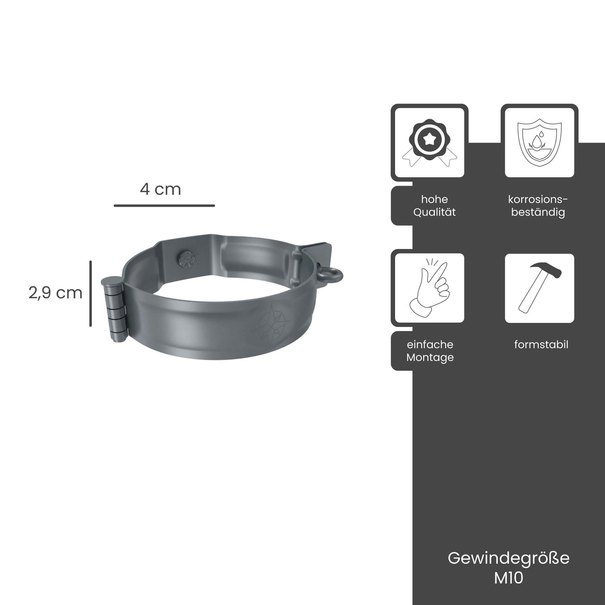 Zambelli Regenfallrohr, (Rohrschelle mit Gewindemuffe verzinkt DN 80 /M10 Anthrazit), Fallrohrschelle, Rohrhalterung hoher Korrosionsschutz