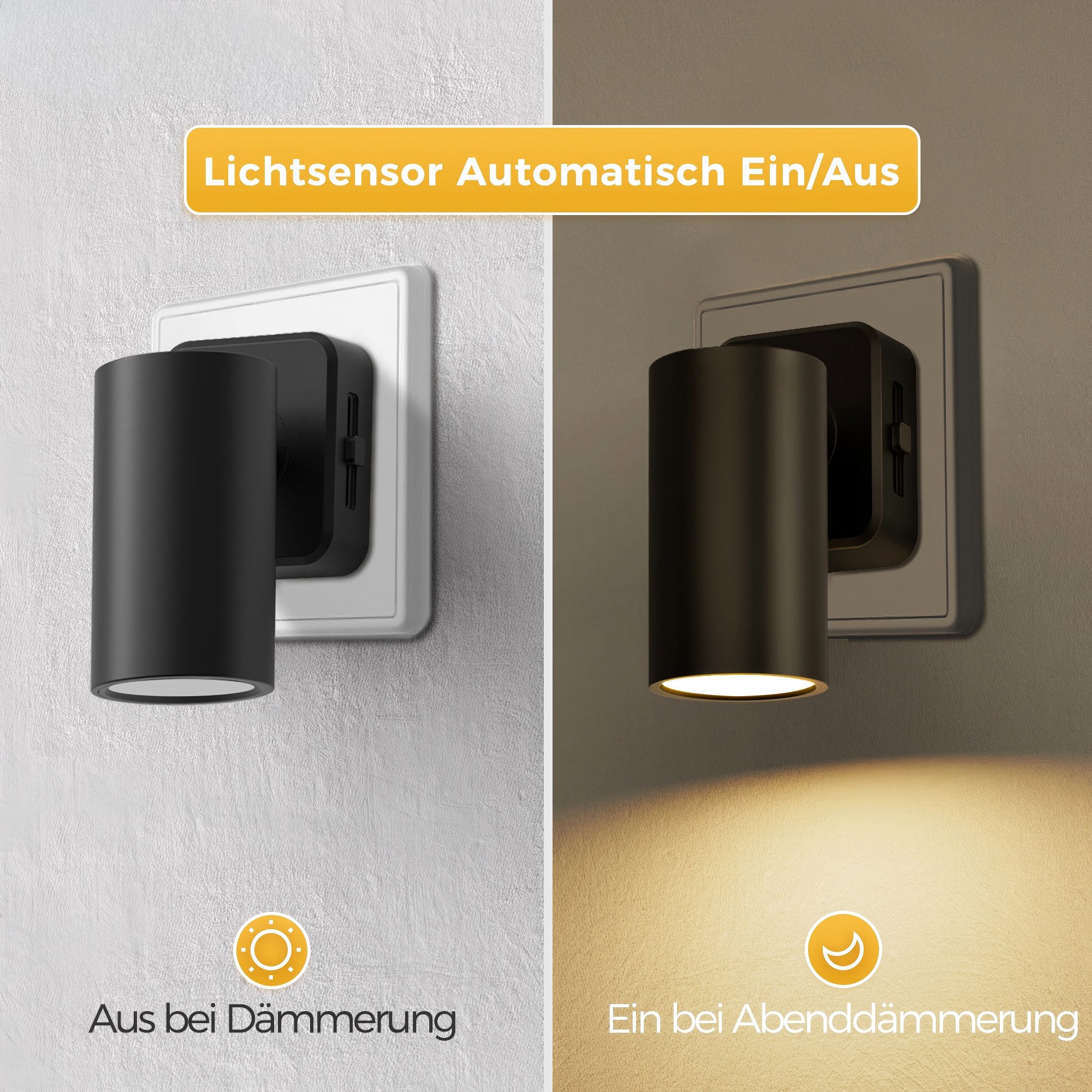 LOHAS-LED Nachtlicht Drehbare Steckdosenleuchte, 1W, 2700K, dimmbar, LED fest integriert, warmweiß, mit Lichtsensor, schwarz, DE‑Stecker – Bild 5 von 5