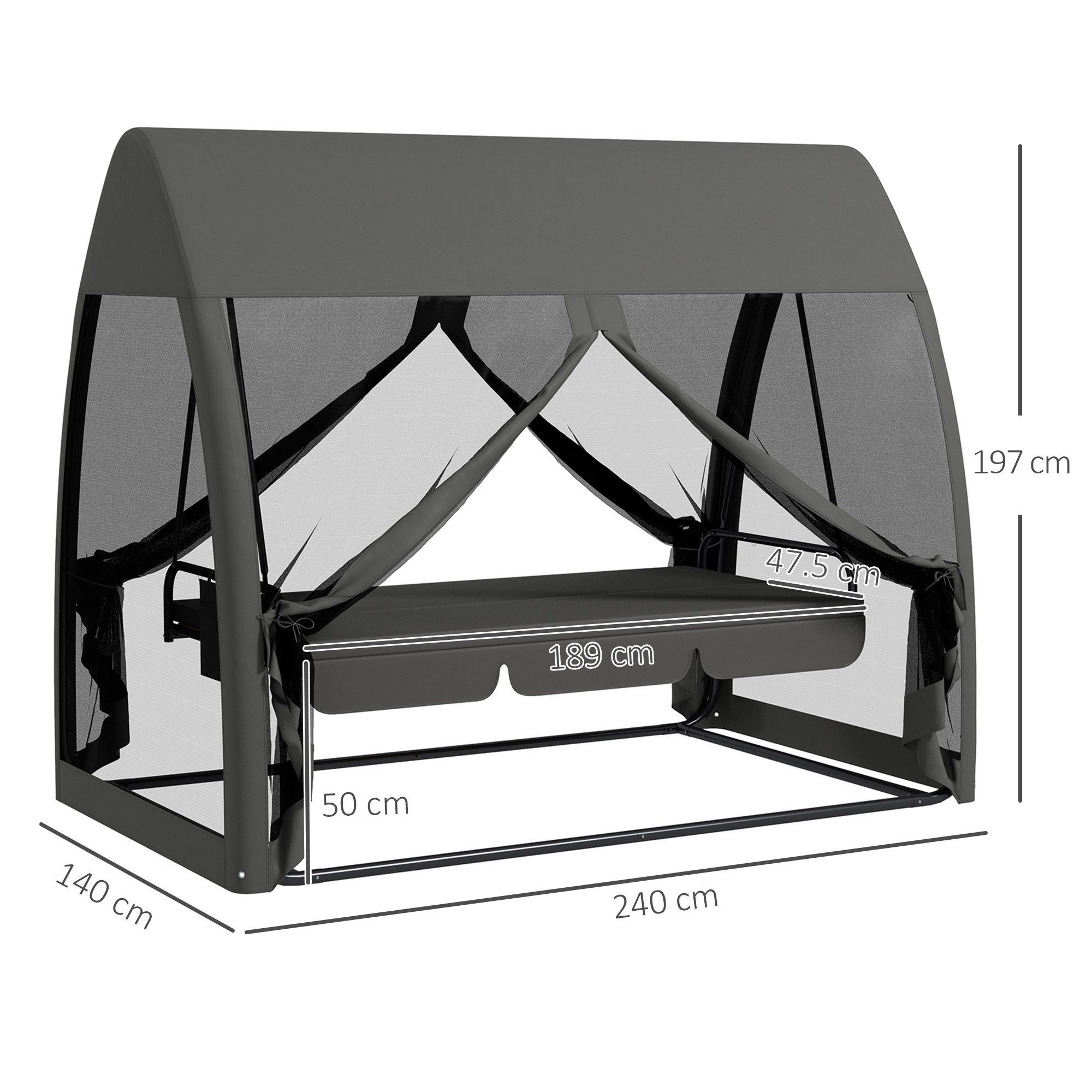 Outsunny Hollywoodschaukel 2 in 1, mit Liegefunktion, Baldachin, Mückennetz, belast bis 300kg, 3-Sitzer, Bettfunktion, 3-Sitzer Gartenschaukel, 1 tlg., Schaukelbank, für Garten, Terrasse, 240 x 140 x 197 cm, Grau