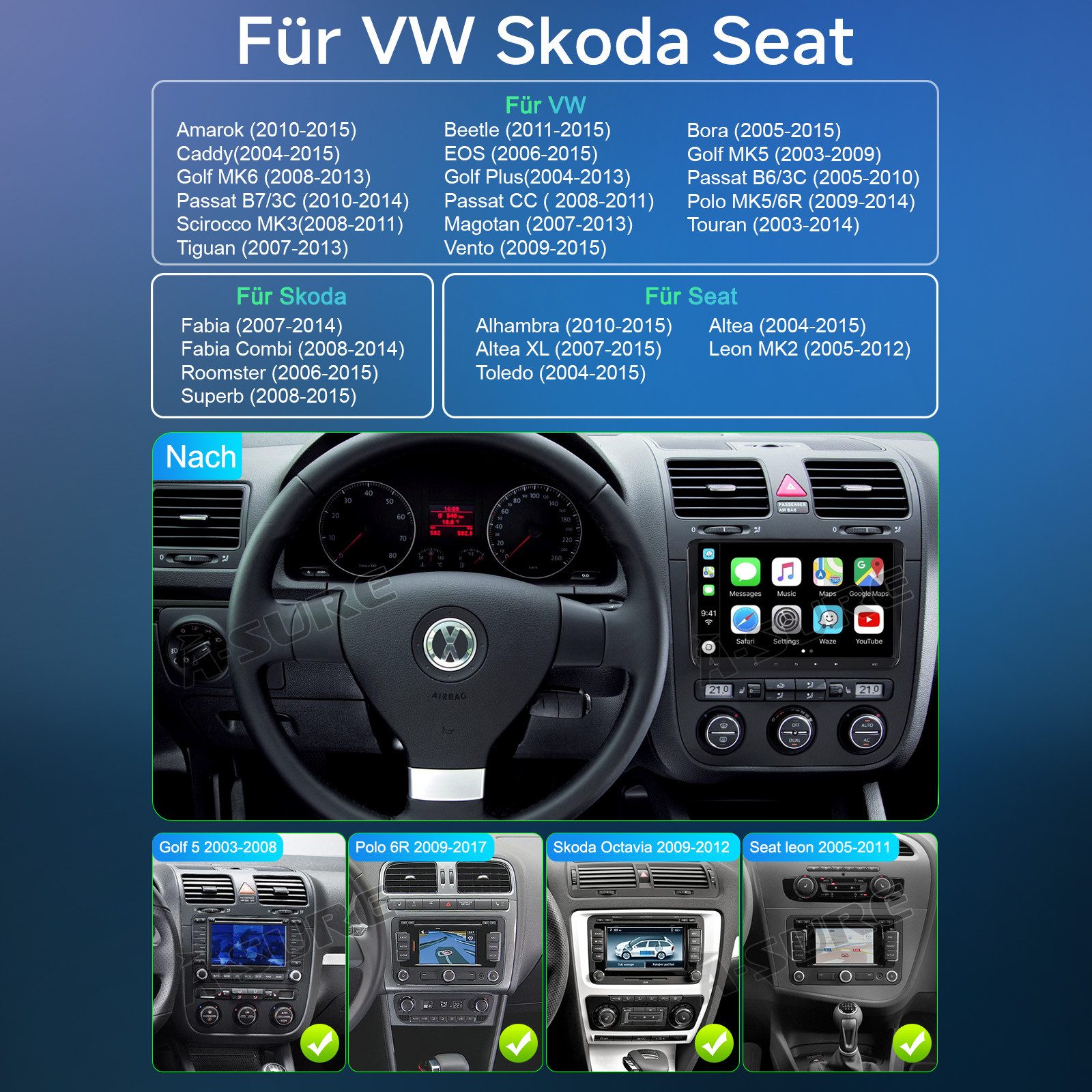 A-Sure 8-Core Android 15 Autoradio Carplay BT Für VW Touran Tiguan Caddy Polo Autoradio (RDS, FM, AM, 25 W, 1080P IPS Screen/8-Core CPU) – Bild 4 von 5