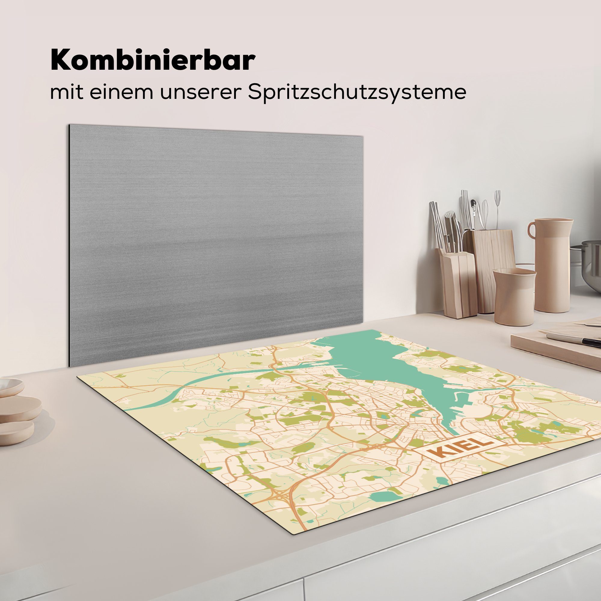Stadtplan, küche 78x78 Herdblende-/Abdeckplatte für Vinyl, Kiel Arbeitsplatte Ceranfeldabdeckung, - - tlg), Karte - cm, MuchoWow (1 Vintage