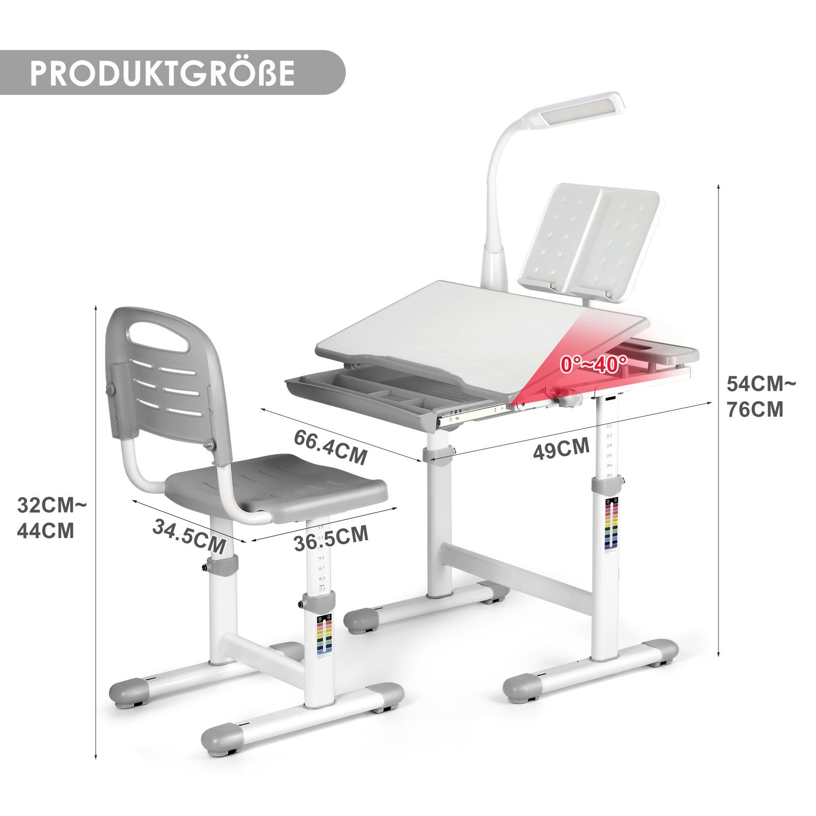 JOYLDIAS Schublade, Stuhl 66,4 Lampe Schülerschreibtisch (54 und 49 cm 76) Grau Kinderschreibtisch höhenverstellbar x - x Tischgröße: mit