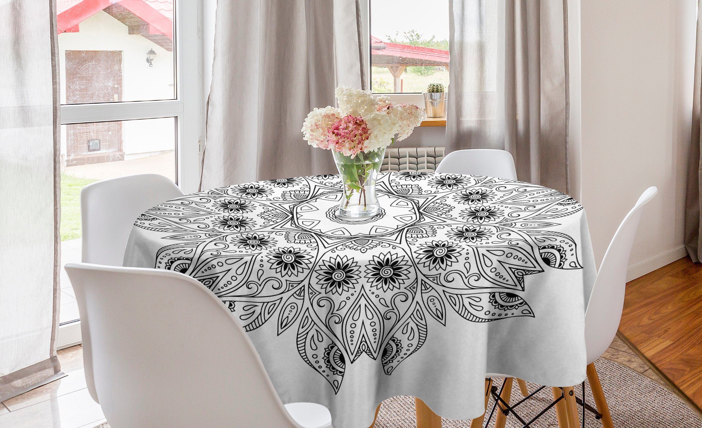 Abakuhaus Tischdecke Kreis Tischdecke Abdeckung für Esszimmer Küche Dekoration, Blumen Mandala Schwarz Weiß | Tischdecken