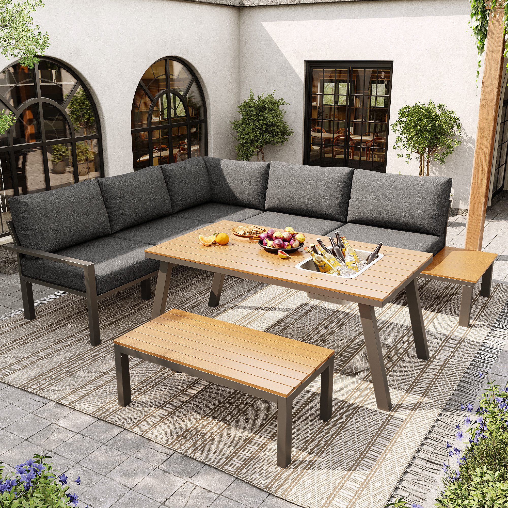 Merax Gartenlounge-Set, (2 Zweisitzer, 1 Ecksofa, 1 Bank, 1 Tisch mit integriertem Eiskübeldesign), Sitzgruppe Gartenmöbel Set mit Stahlrahmen & Kissen,Tisch mit Eiskübel