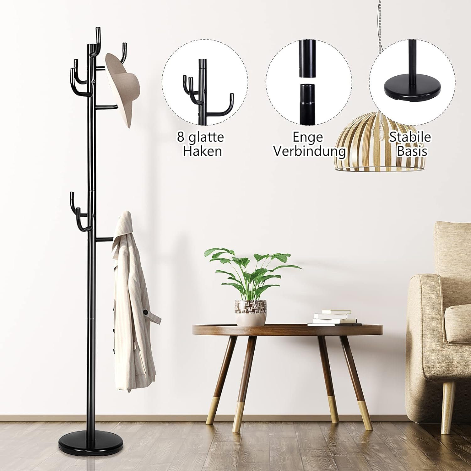 Relaxdays Garderobenständer – 8 Haken, 2 Ablagen, 175 Cm Hoch – Aus Eisen & MDF, Industrial-Design Schwarz/braun