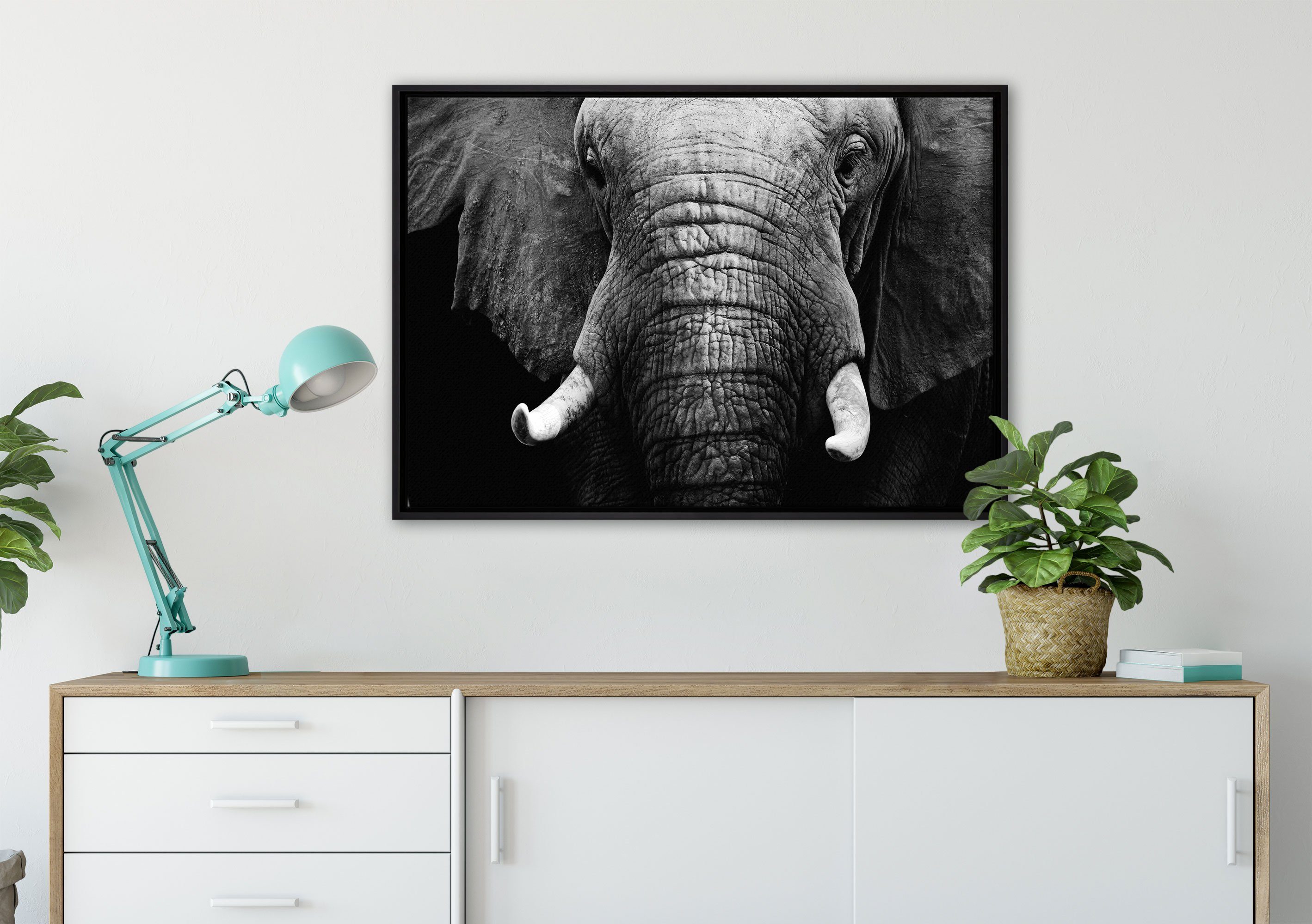 Pixxprint fertig Elefant Zackenaufhänger inkl. gefasst, Schattenfugen-Bilderrahmen Leinwandbild St), (1 bespannt, Wanddekoration Leinwandbild Porträt, in einem
