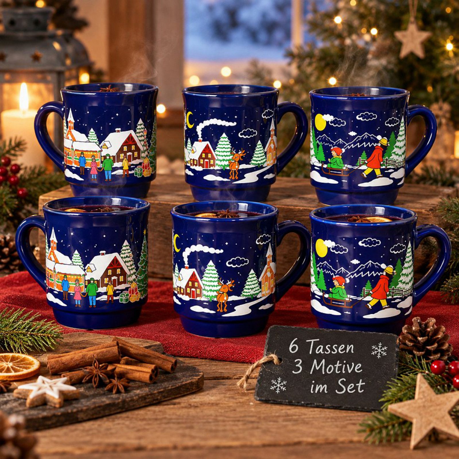 Haushalt International Tasse Glühwein Tassen Weihnachten 200ml 6er Set, 6-tlg., Keramik, 6 Stück, Keramik, 3 Motive, Weihnachtsmotive
