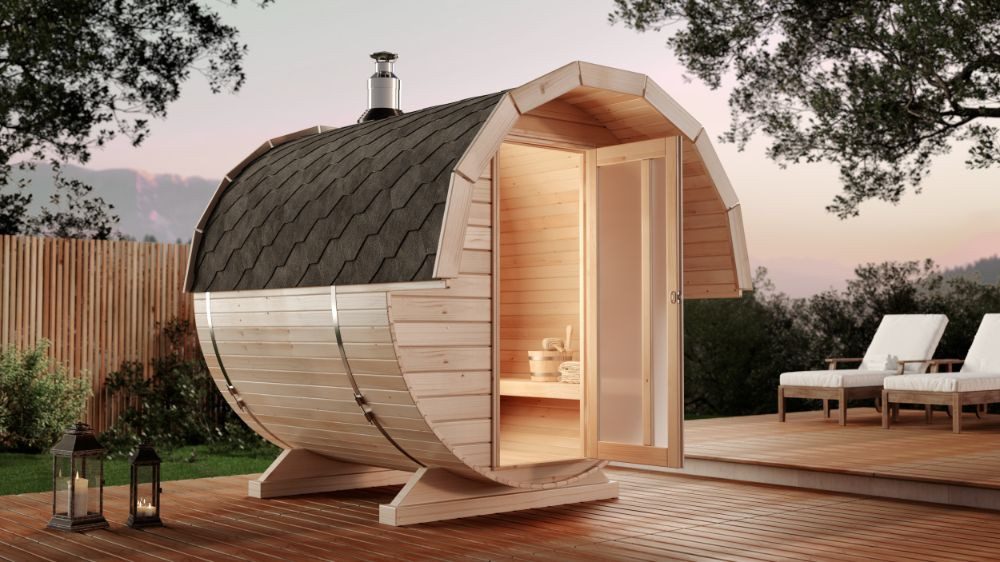 FinnTherm Fasssauna Samantha, BxTxH: 220 x 240 x 228 cm, 42 mm, in Naturbelassen Inkl. Fußboden