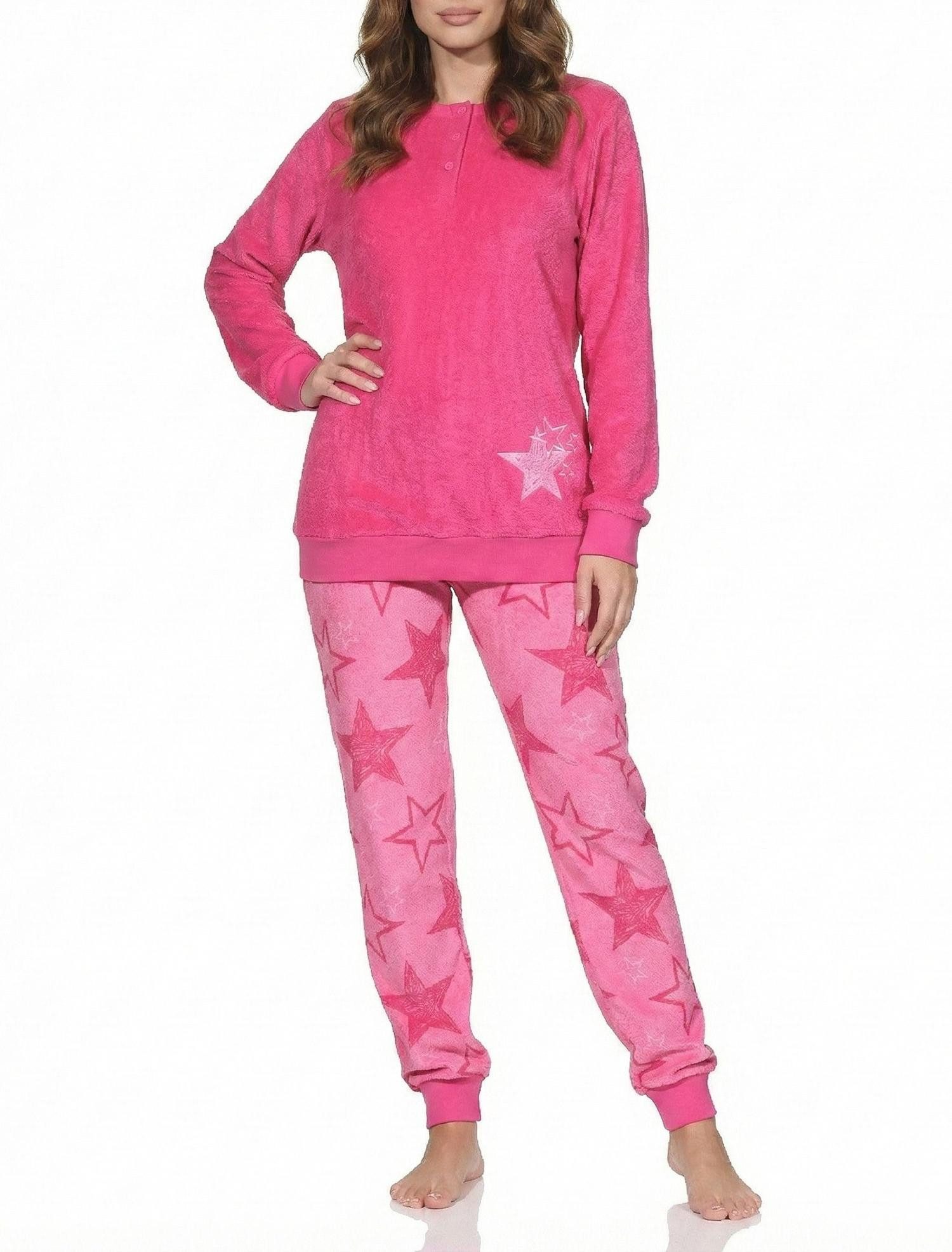Normann Pyjama Normann Damen Frottee Schlafanzug lang mit Bündchen in Sterne Optik – Bild 2 von 5