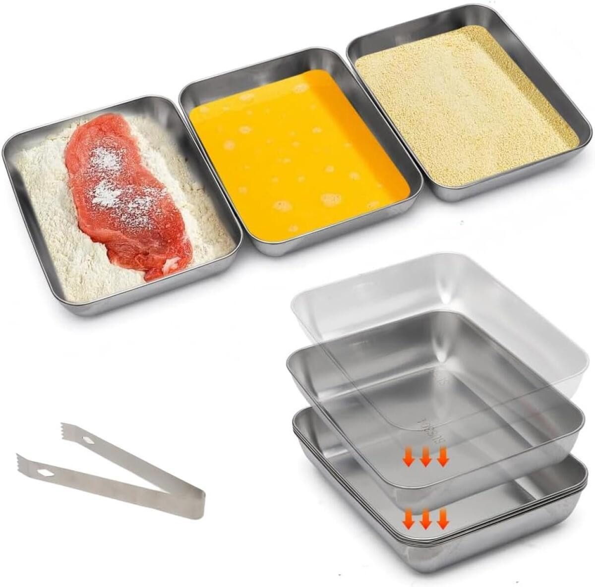 Brotschale 3-teilig Panierschalen Set Edelstahl Rechteckig zum Panieren mit Clip