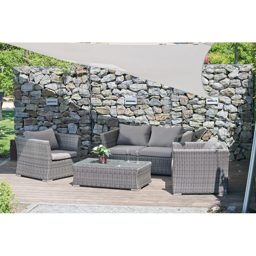 Lomadox Garten-Essgruppe GARDA-120, (4-tlg), Lounge-Gruppe in grau-braun, Polyrattan, 2 Sessel, Gartensofa, Tisch