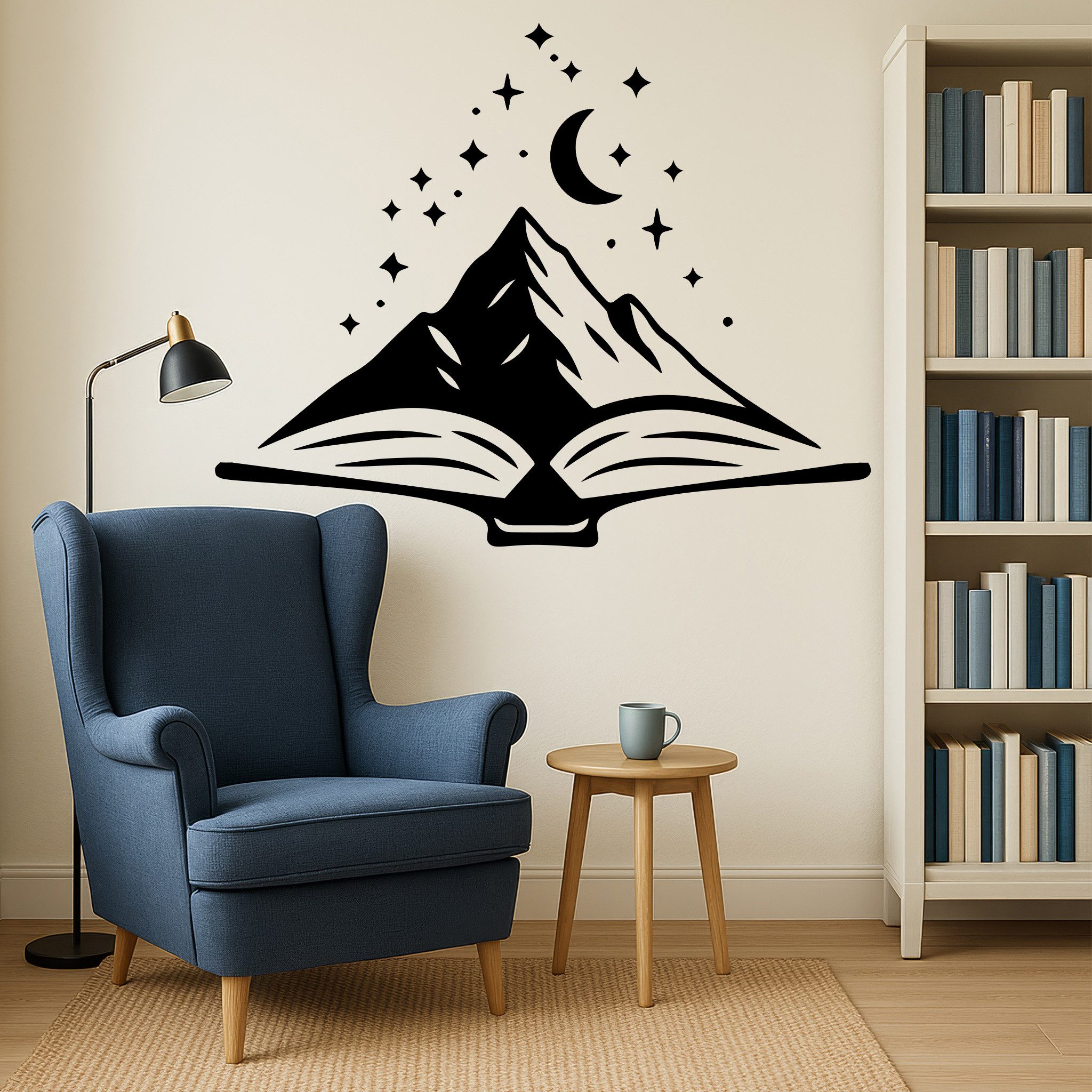Sunnywall Wandtattoo Bookish Buch und Berge – minimalistisches Motiv mit Sternenhimmel, selbstklebend, konturgeschnitten, rückstandslos entfernbar