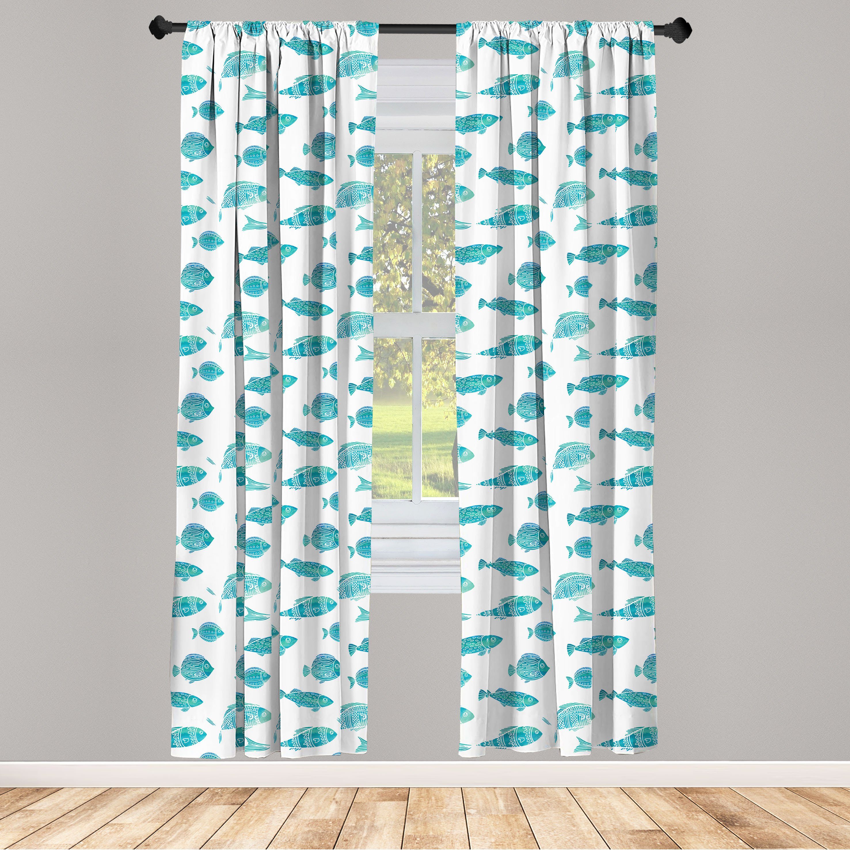 Gardine Vorhang für Wohnzimmer Schlafzimmer Dekor, Abakuhaus, Microfaser, Fisch Gekritzel-Kunst-Leben im Wasser