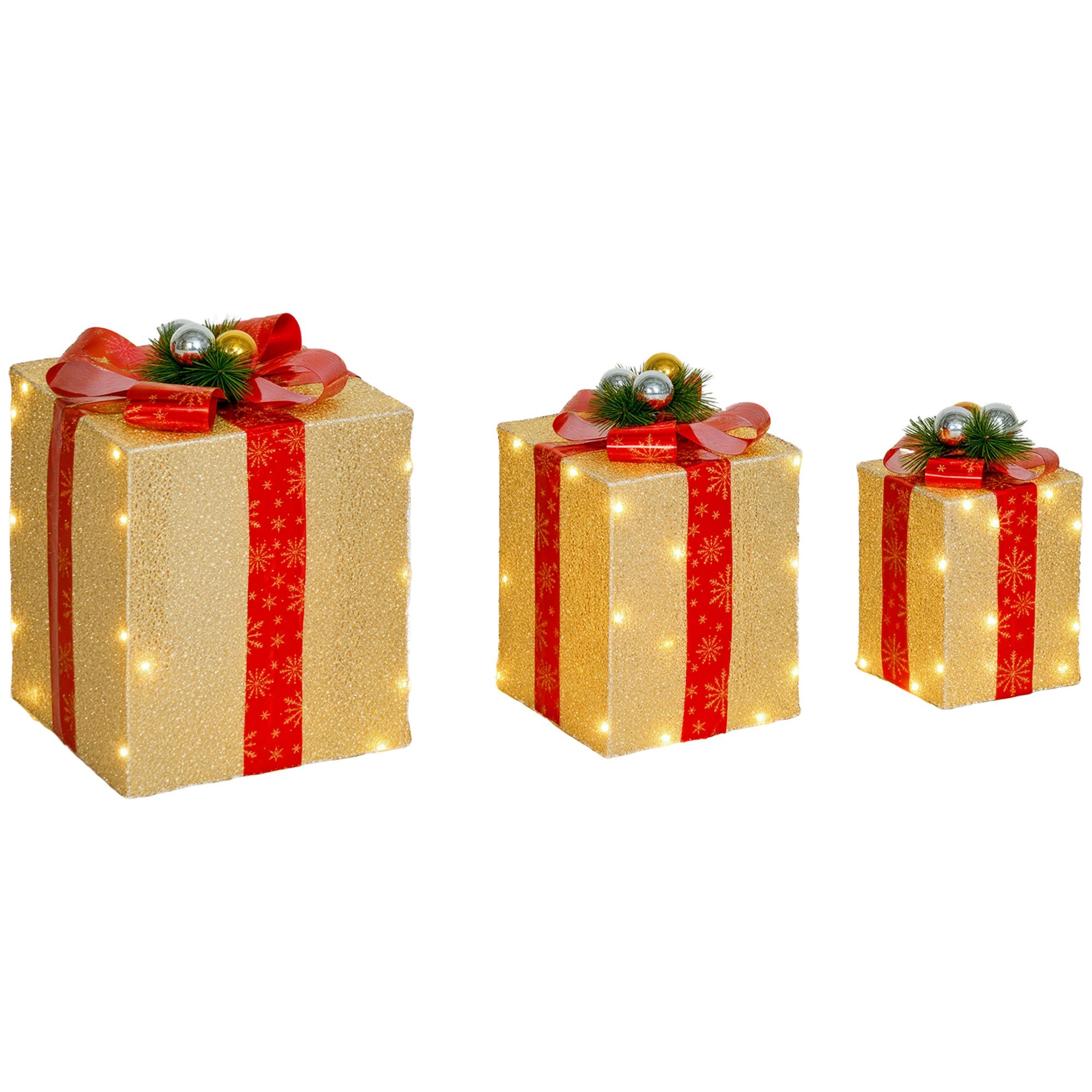 BAYMATE Weihnachtsfigur Set mit 3 Weihnachtsgeschenkboxen mit 58 warmweißen (LED-Lichtern und goldenem Christbaumschmuck)