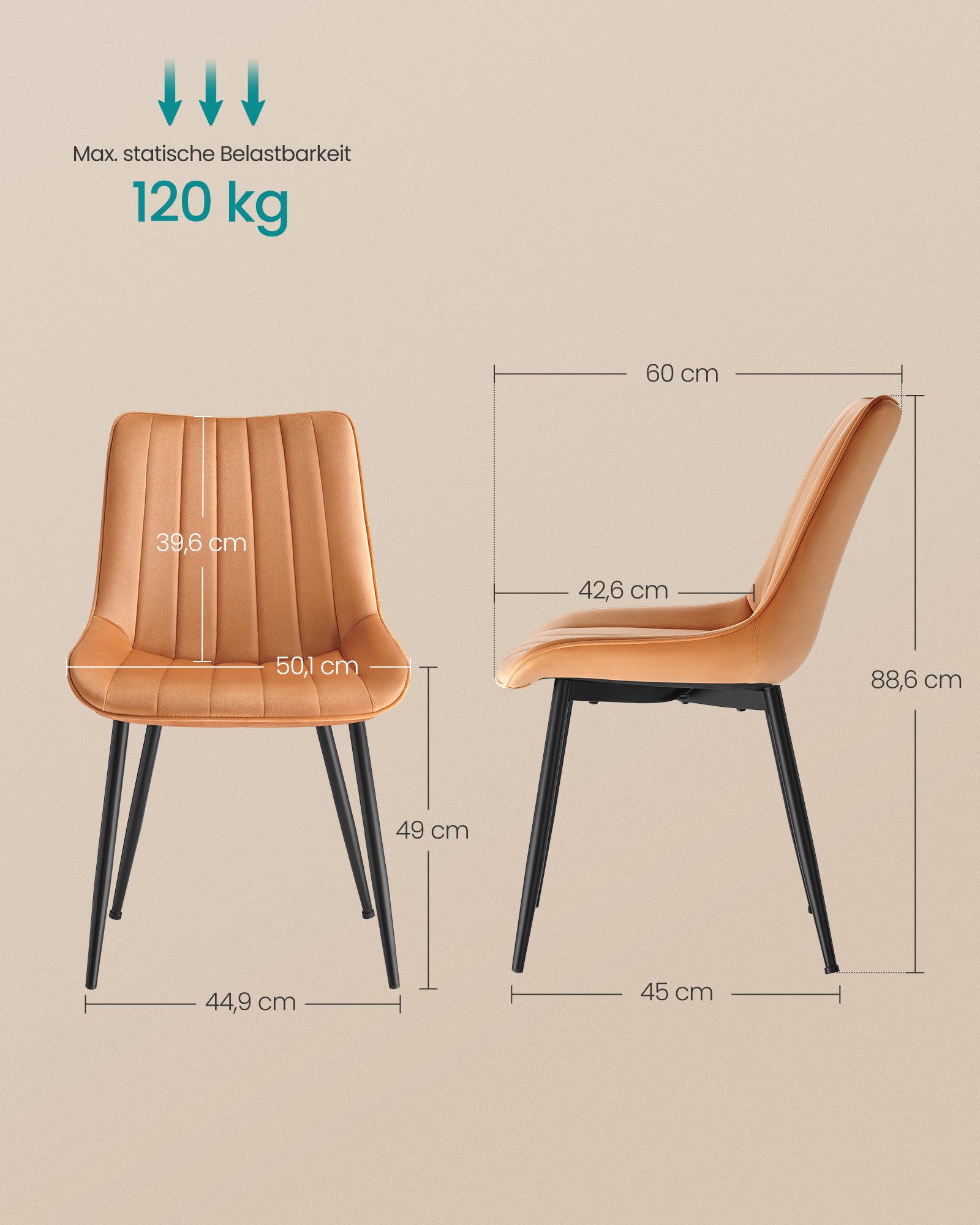 SONGMICS Esszimmerstuhl Küchenstuhl aus Samt, Polsterstuhl mit Armlehnen, Loungesessel (2 St), bis 120 kg belastbar, für Esszimmer, Küche, Stahlbeine, Polsterst – Bild 4 von 5