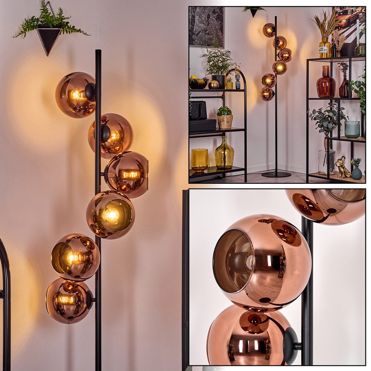 hofstein Stehlampe Stehlampe aus Metall/Glas in Schwarz/Kupferfarben, ohne Leuchtmittel, Stehleuchte Retro/Vintage, Ø Schirme 15 cm, Fußschalter, 160 cm, E14