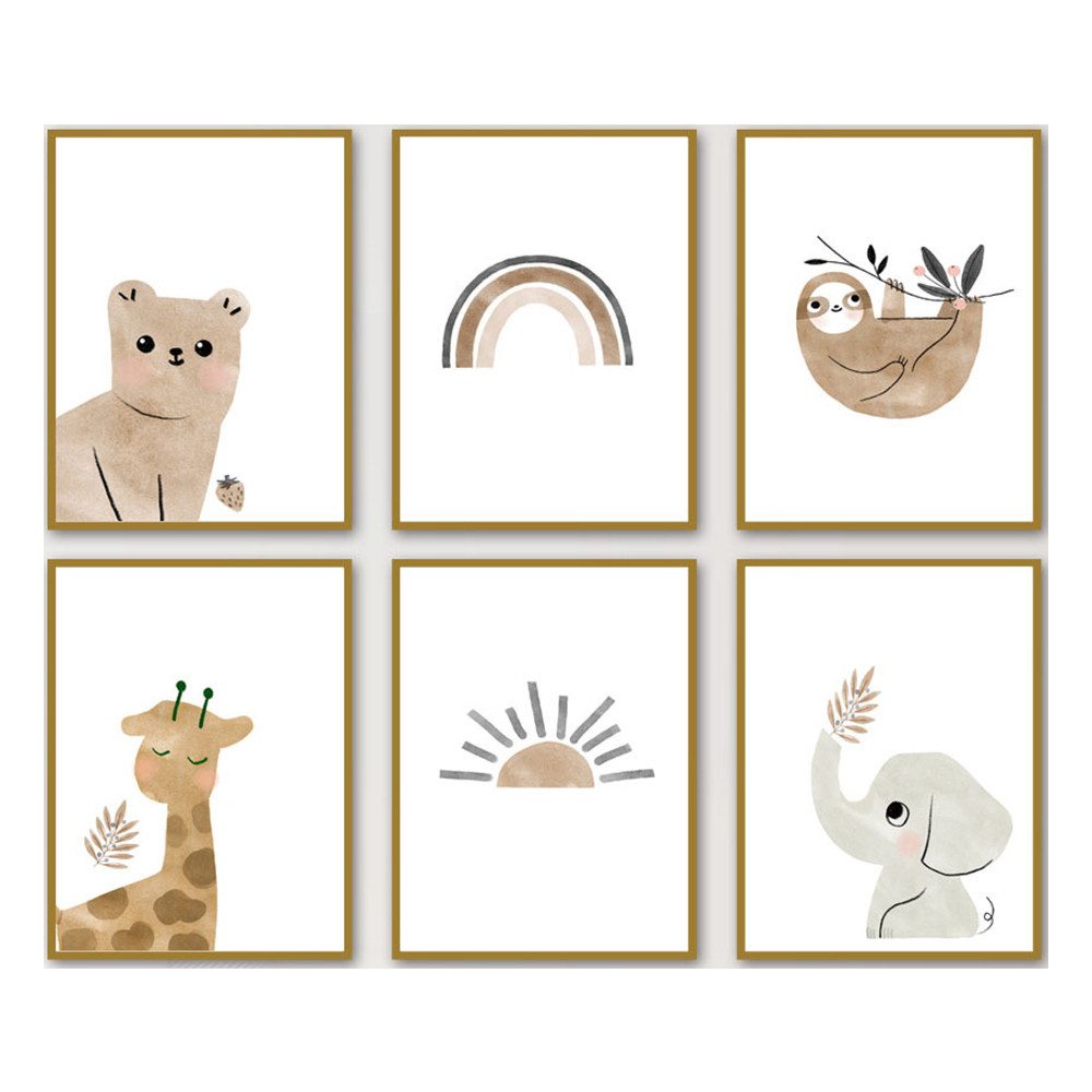 Pippolipo Poster Bilder Kinderzimmer Deko Babyzimmer Wohnzimmer A4, (6er Set Kinderposter Kinderbilder Tiere), Tiermotive Waldtiere für Kinder Junge Mädchen, Modell A4P2