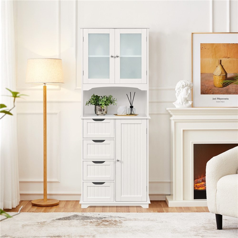 Yaheetech Hochschrank Badkommode Badschrank mit Glastüren & 4 Schubladen Badezimmerschrank Küchenschrank, Einlegeböden verstellbar