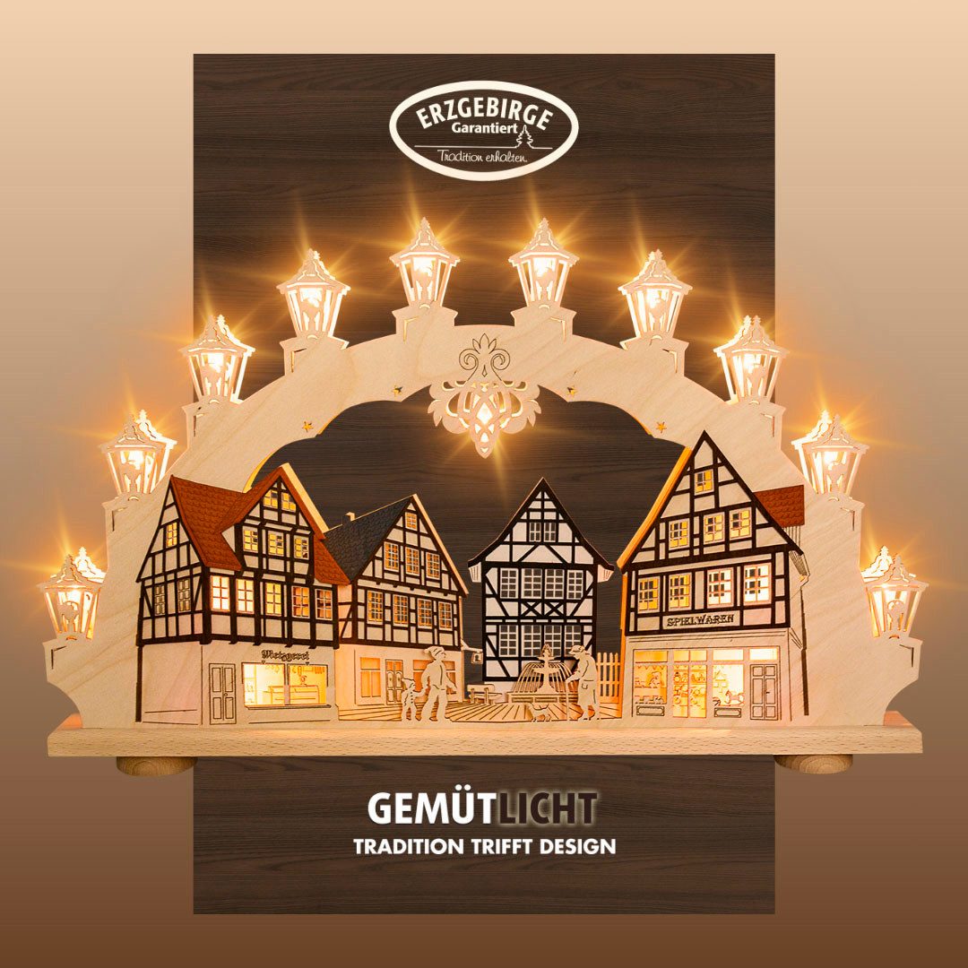 Weigla LED Schwibbogen Altstadt, Fachwerkhaus, Lichterbogen aus Holz, Made in Germany (1-tlg), Erzgebirge garantiert, Weihnachtsdeko Innen, Weihnachtsbeleuchtung