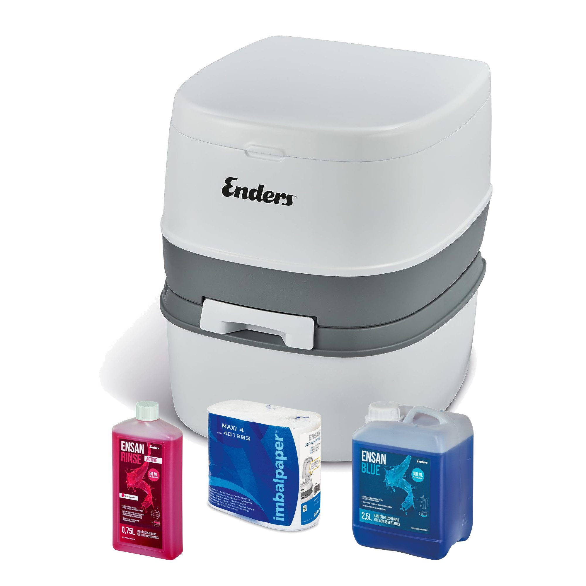 Enders® Campingtoilette Supreme Blue Set, (Spar-Set, 0,75L RINSE + 2,5L BLUE + 4 Rollen selbstauflösendes Toilettenpapier), integrierter Papierhalter, Belüftungstaste, Deckel + Brille abnehmbar