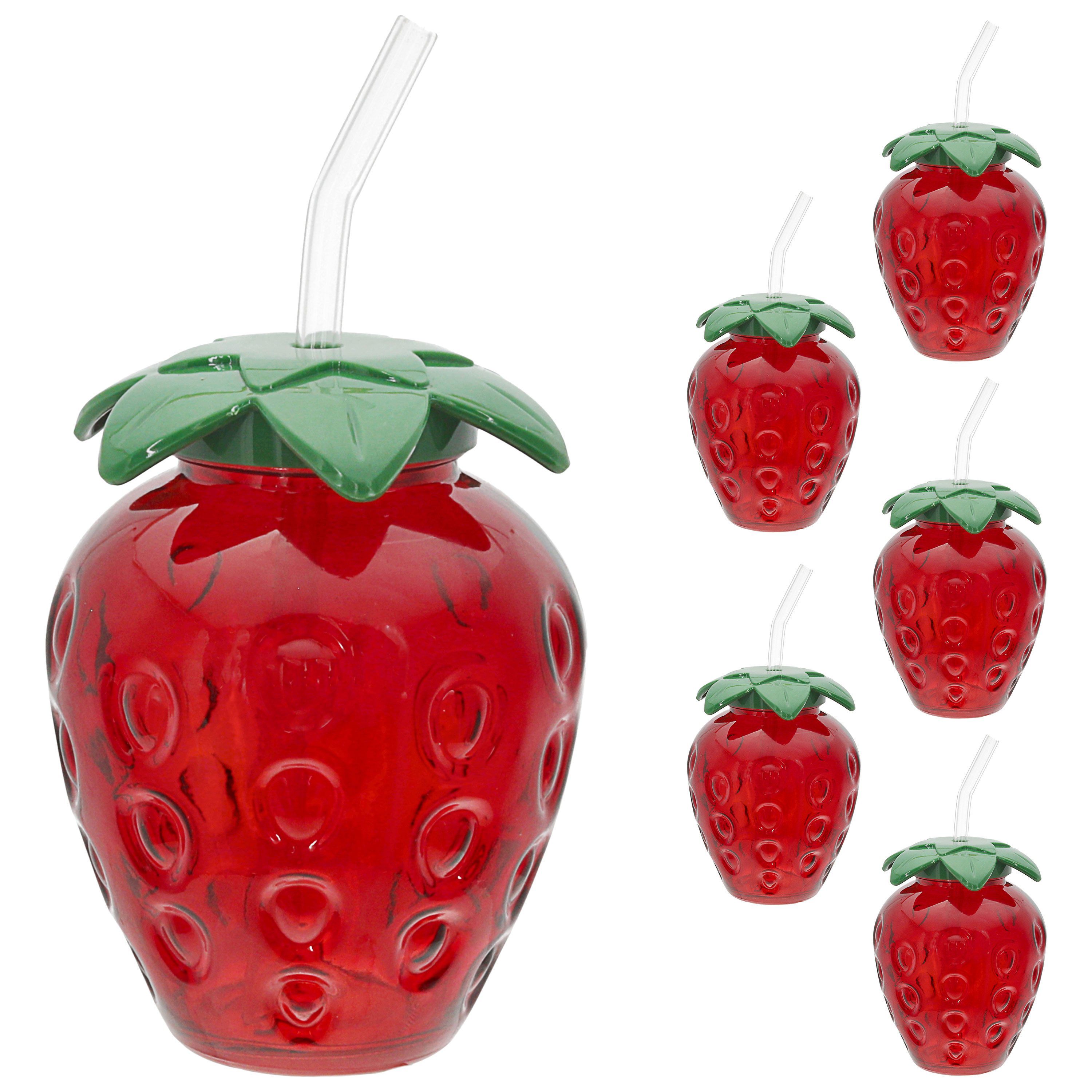 CEPEWA Deko-Glas Trinkglas Strawberry 6er Set Glastrinkhalm PS 450ml 9,5x13cm rot grün