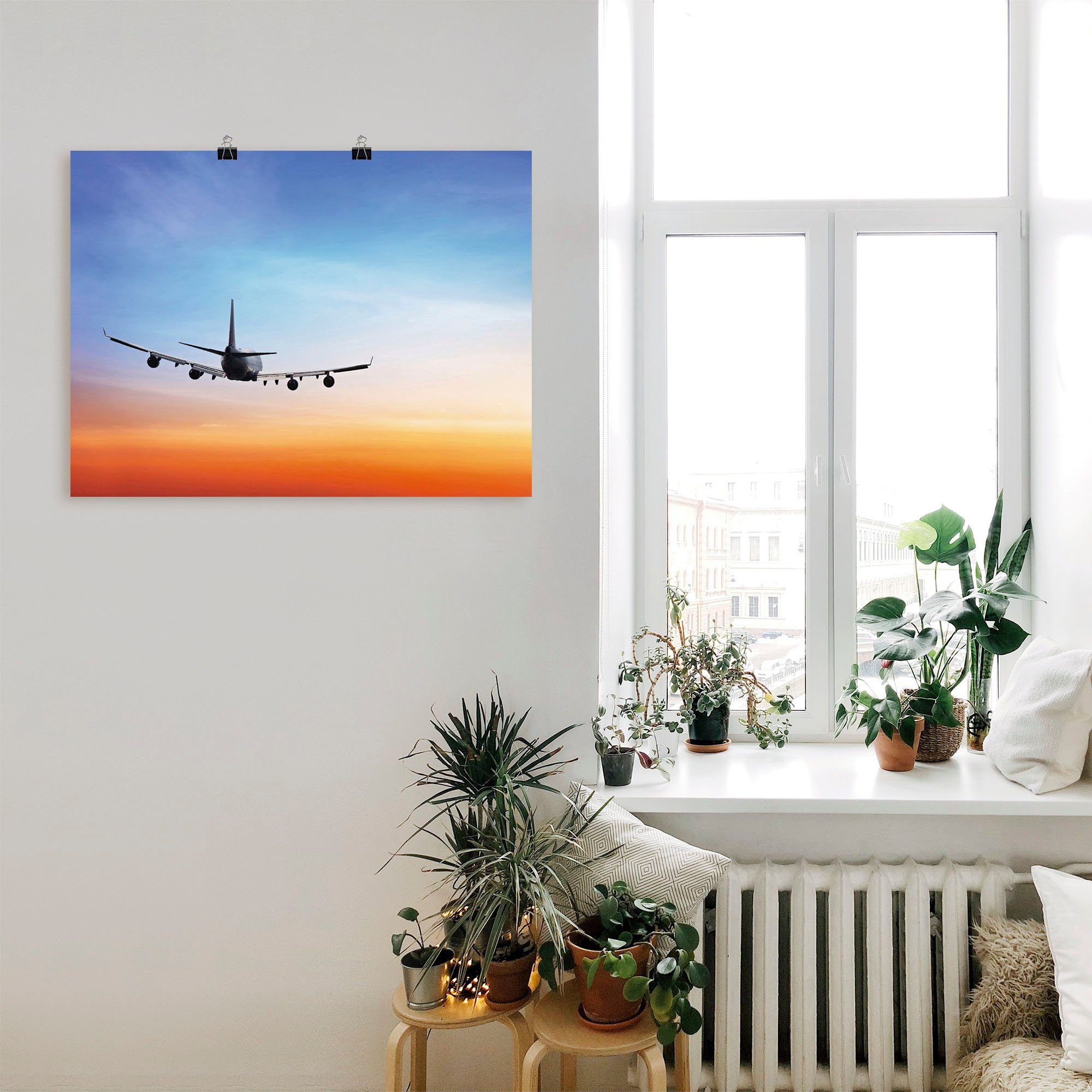 Artland Wandbild Wandaufkleber St), (1 Poster & Abendhimmel, Flugzeuge Größen versch. Helikopter als Flugzeug in oder Alubild, Leinwandbild, orange/blauem vor