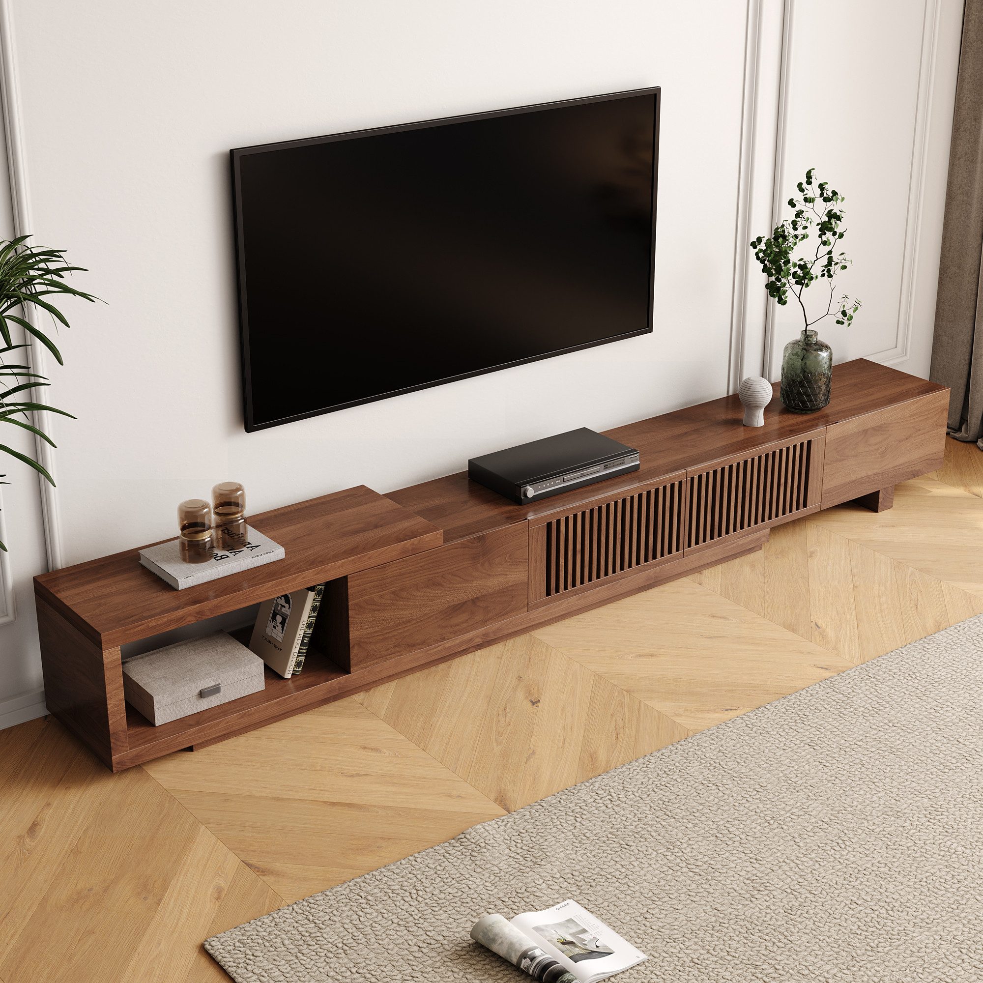 oleyluckidea TV-Schrank Mid-Century TV-Lowboard ausziehbar, Walnuss, für 80"+ TV (Set) Breite 198 cm bis 262 cm