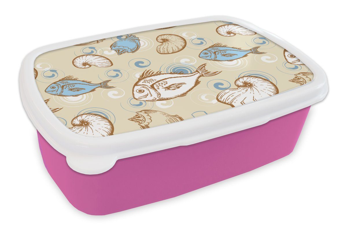 MuchoWow Lunchbox Fisch - Muscheln - Pastell - Design - Vintage, Kunststoff, (2-tlg), Brotbox für Erwachsene, Brotdose Kinder, Snackbox, Mädchen, Kunststoff rosa