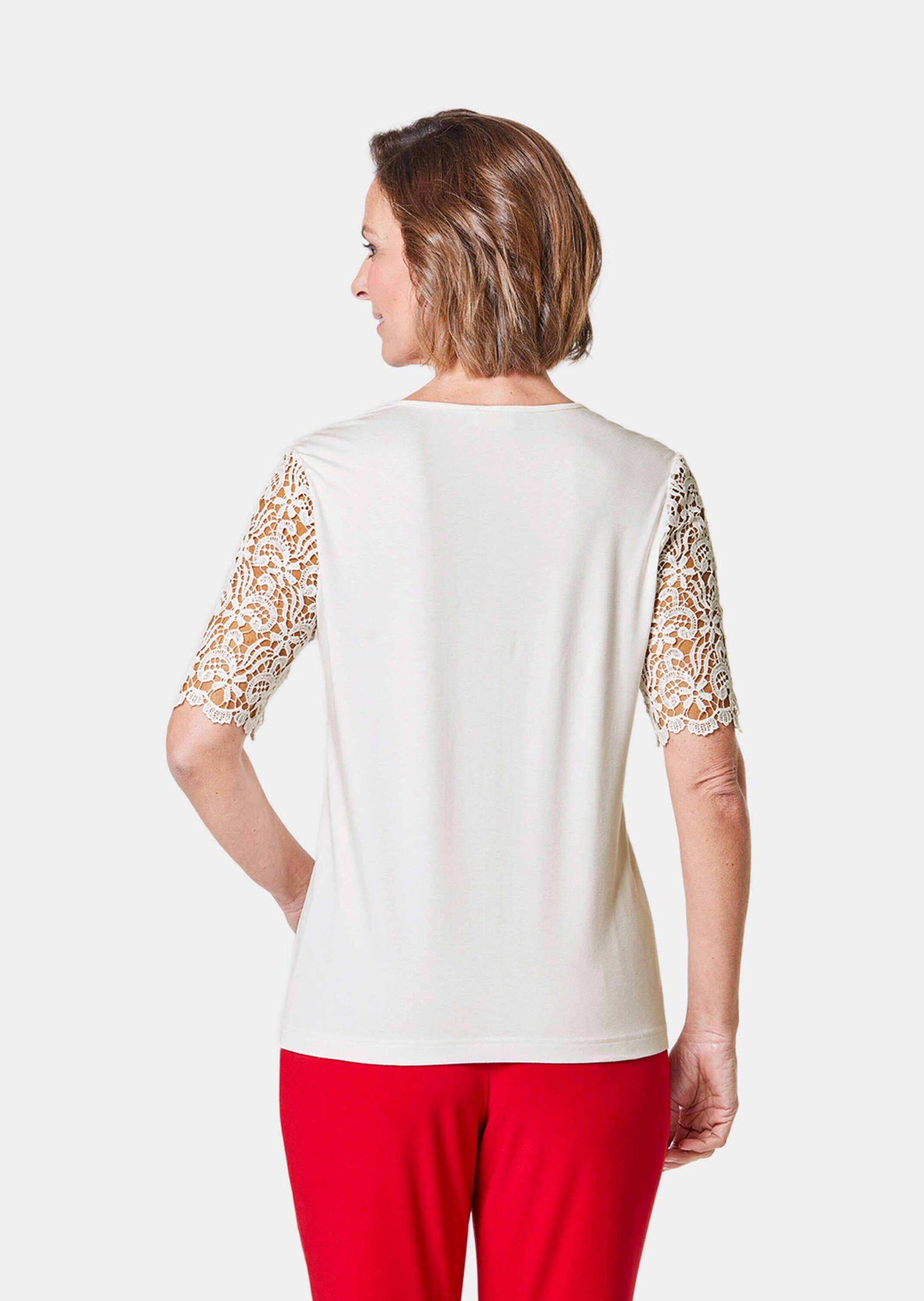 GOLDNER T-Shirt Viskose-Blusenshirt mit Spitze Viskoseshirt mit Rundhals, elastischem Saum und Langarm