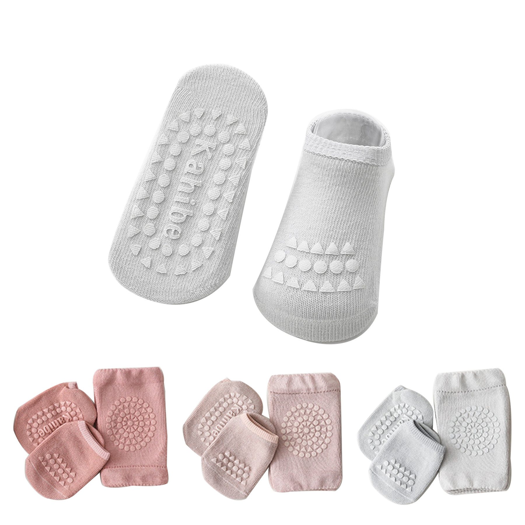 Mutig ABS-Socken 3 Paar Baby Socken & Baby Knieschoner,100 % Baumwolle Stoppersocken (Krabbeln Set Mit Gummipunkten,Die Silikonteile erhöhen die Reibung, Stoppersocken Geeignet für Kinder von 0-3 Jahren,Grau,Rosa,Lila) Socken-Set sind auch ein sehr schönes Babygeschenk zur Babyparty Taufe