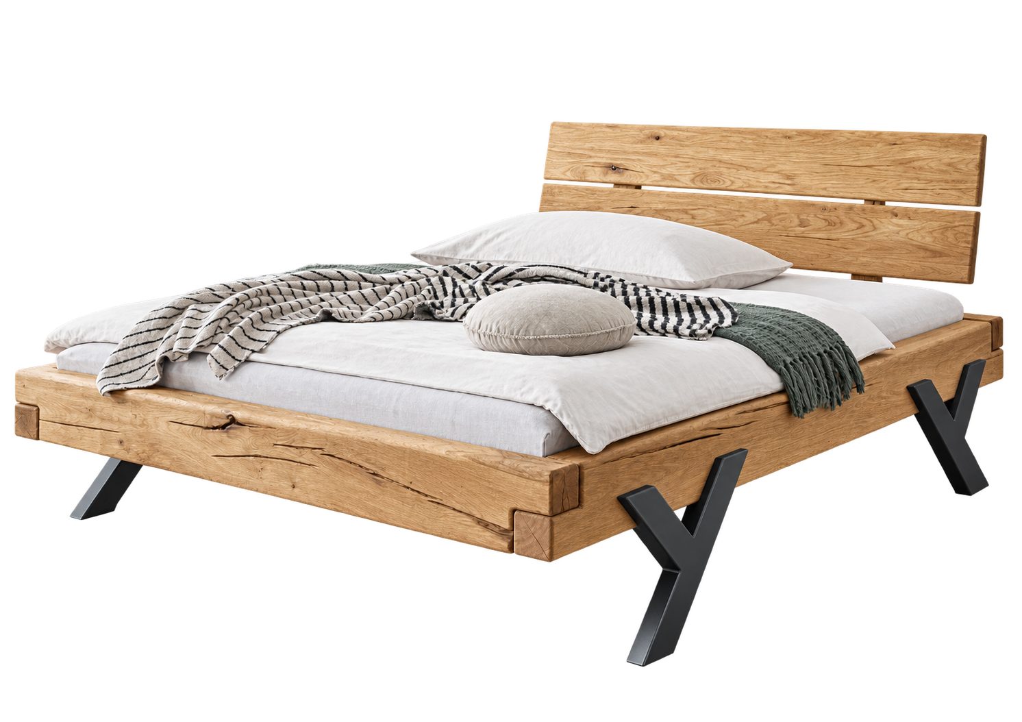 Natur24 Einzelbett New York Bett 140 x 200 cm Wildeiche Metall Natur Schwarz
