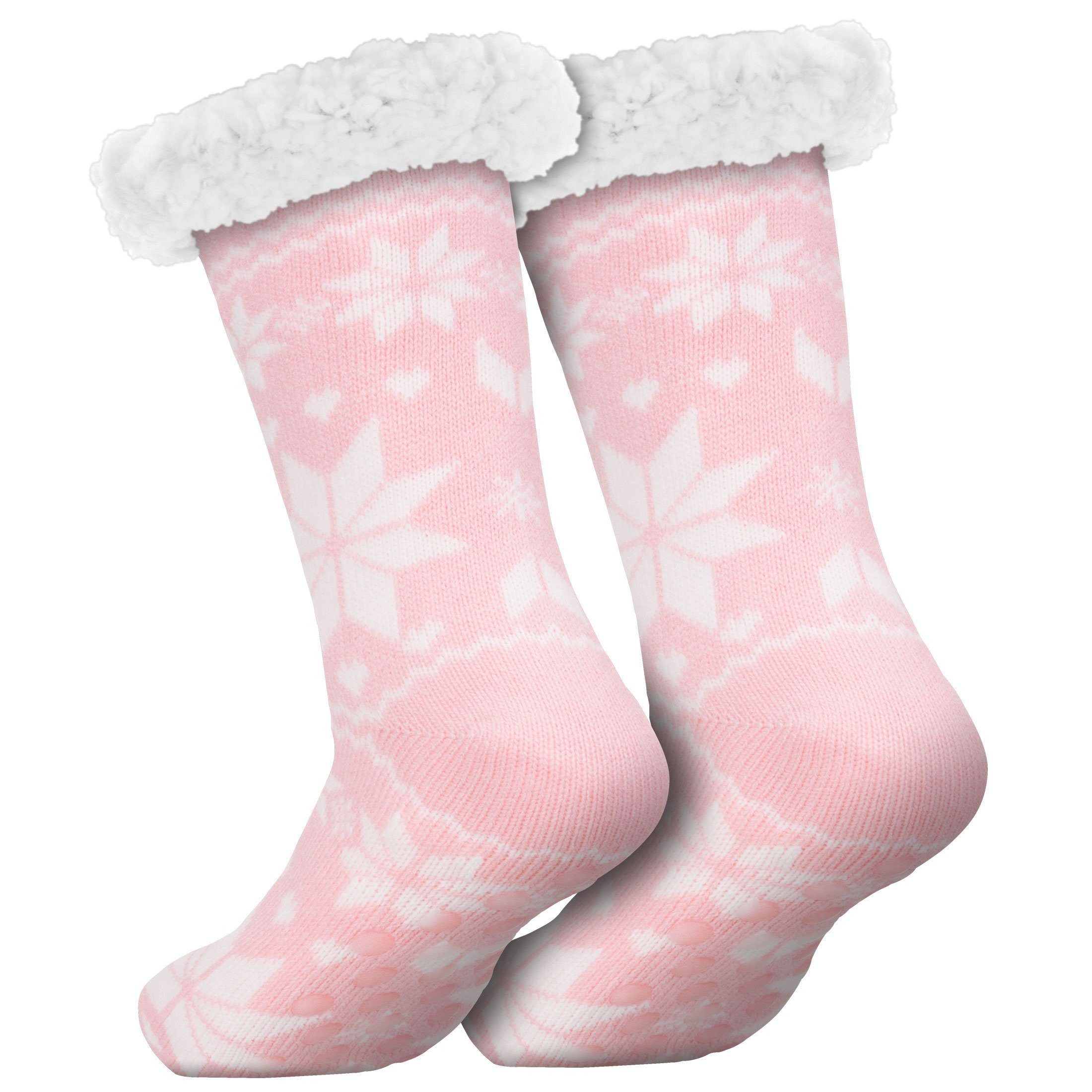 Noppensocken Damen compagno Socken Einheitsgröße Sohle Kuschelsocken Kuschelsocken rosa (1-Paar) Schnee-Sterne Herren Anti Wintersocken Rutsch