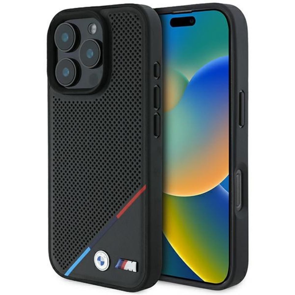 BMW Handyhülle iPhone 16 Pro Kunstleder Tricolor schwarz MagSafe Logo Metall 6,3 Zoll, Kantenschutz