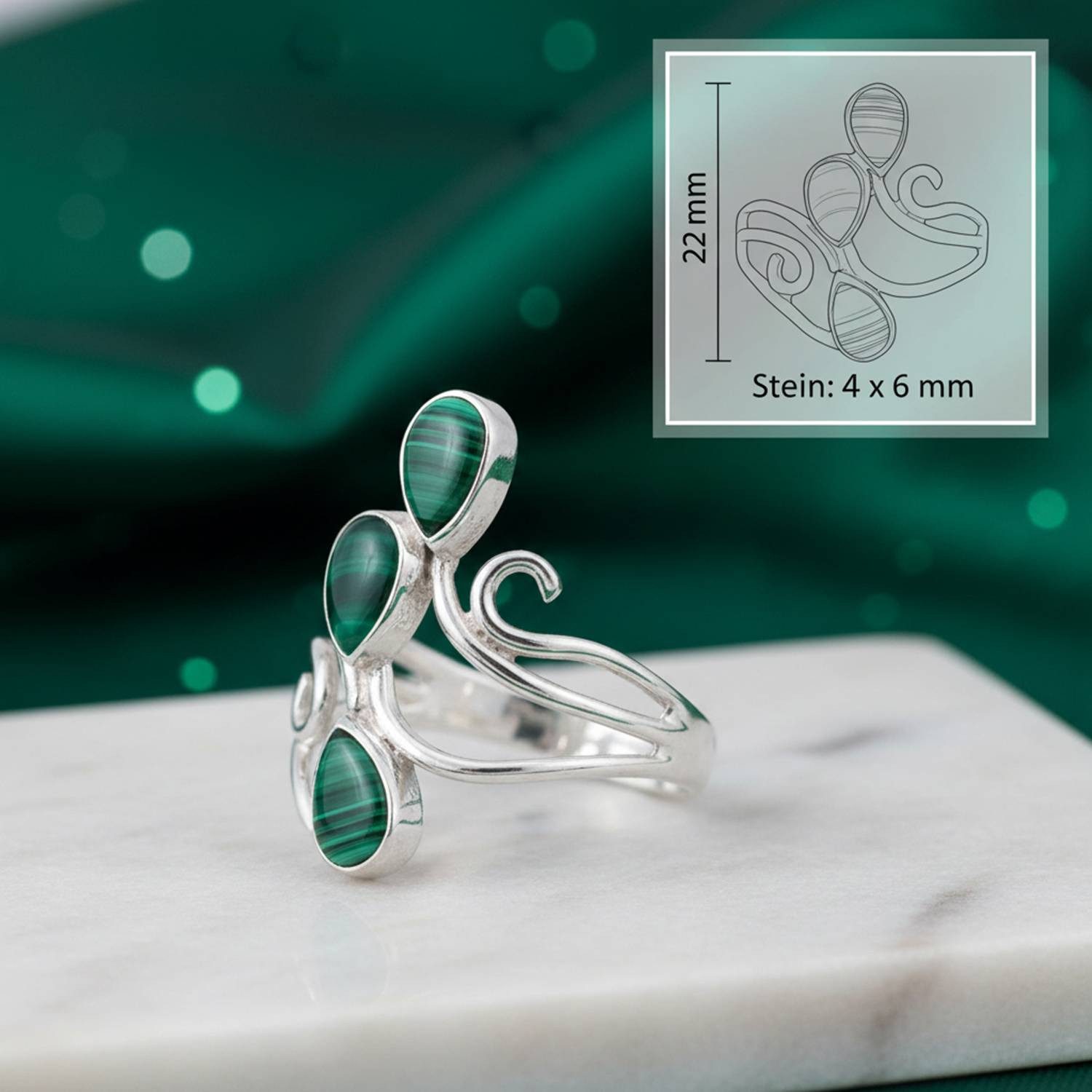 mantraroma Silberring SIDISTI aus 925 Silber mit Malachit (Ring mit Schmuckbeutel), Damenring aus 925er Silber