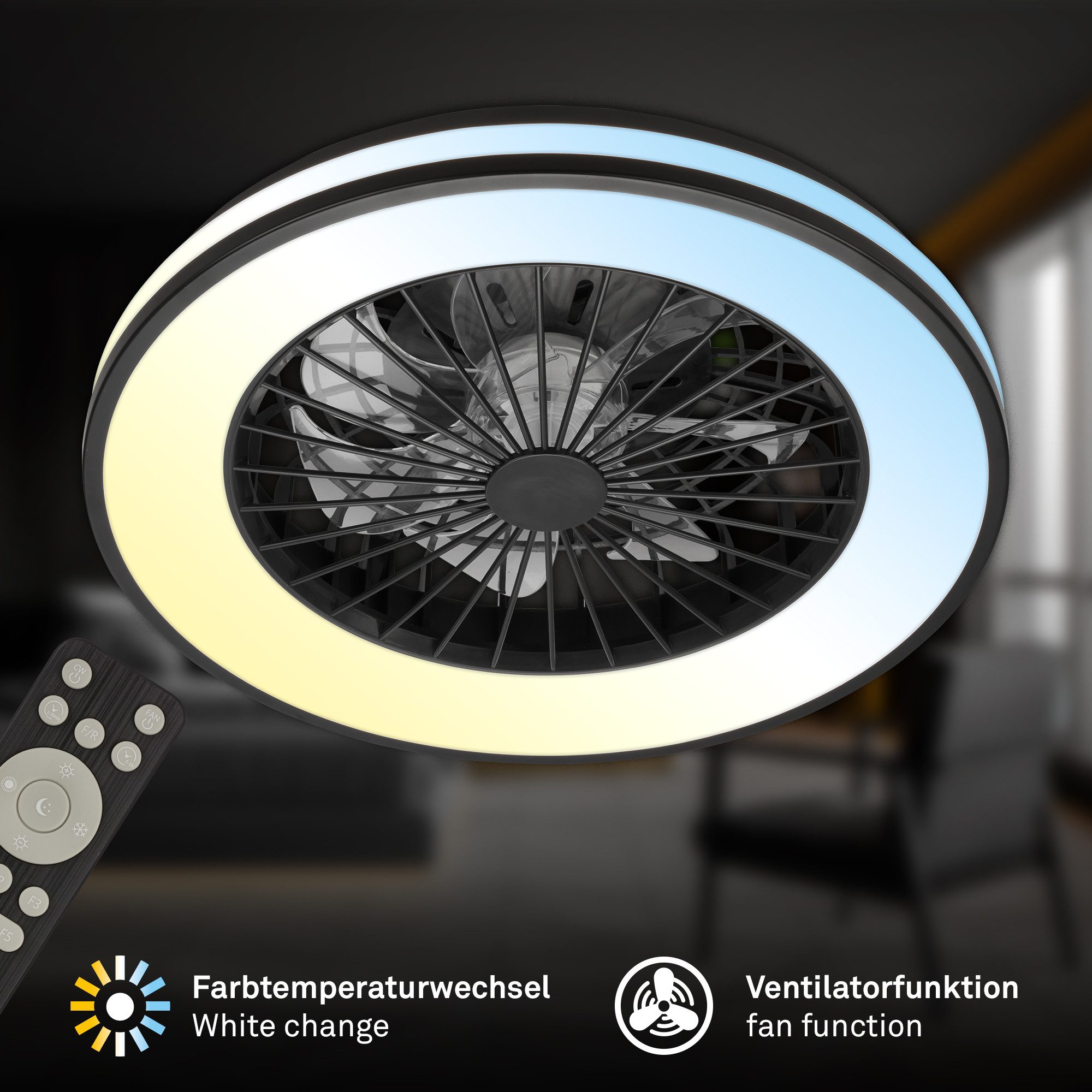 Briloner Leuchten LED Deckenleuchte Deckenventilator mit Licht dimmbar Nachtlicht, LED fest integriert, CCT - Farbsteuerung, 48,5x14,5 cm, 49 Watt, Schlafzimmer, Wohnzimmer