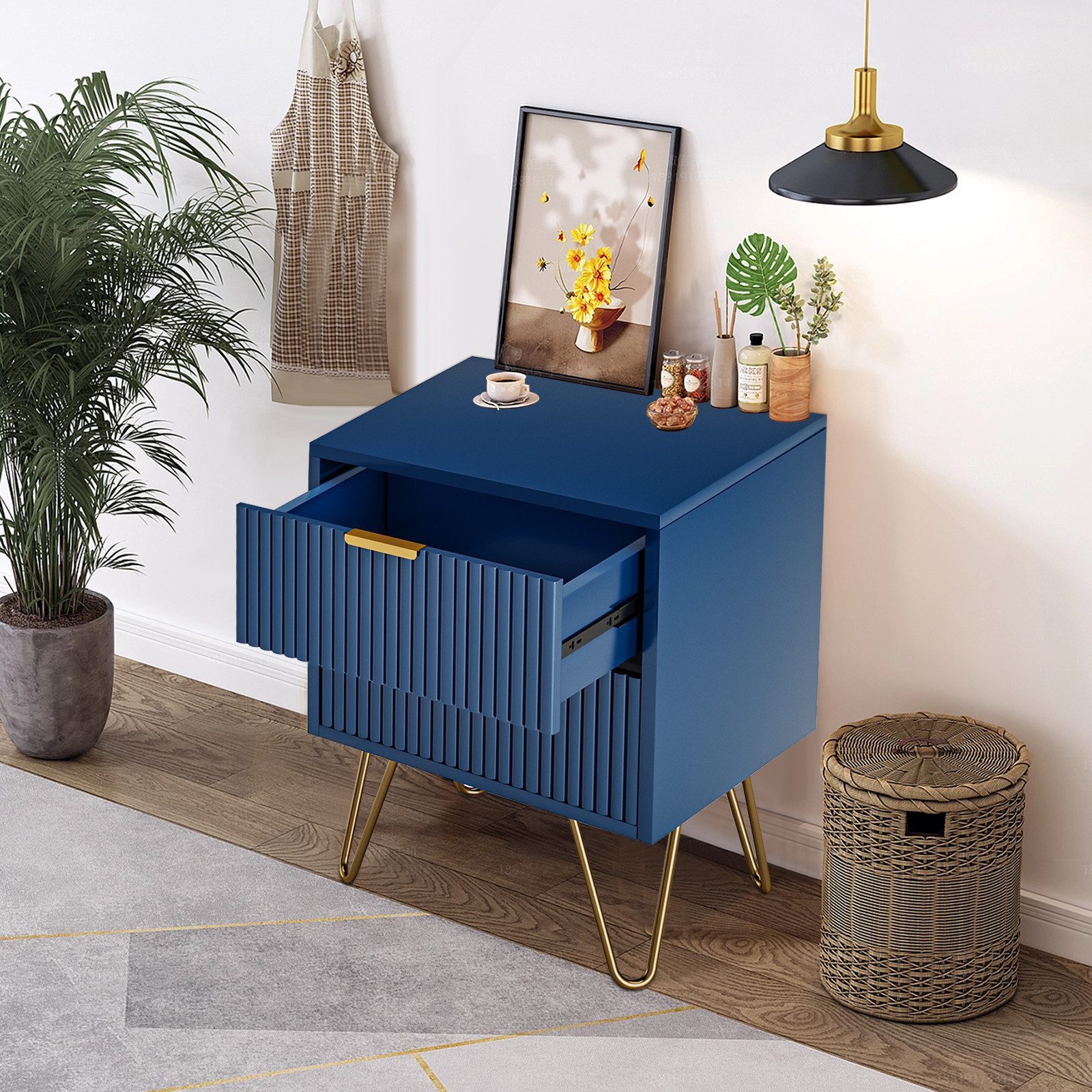 FUROKOY Nachttisch 2er set Nachtschrank mit Schubladen, Beistelltisch mit Metallbeine (Sofatisch Beistelltisch mit 2 Schubladen, Dunkelblau), Schubladenschrank für Schlafzimmer Flur Wohnzimmer, 40 x 35.5 x 50 cm