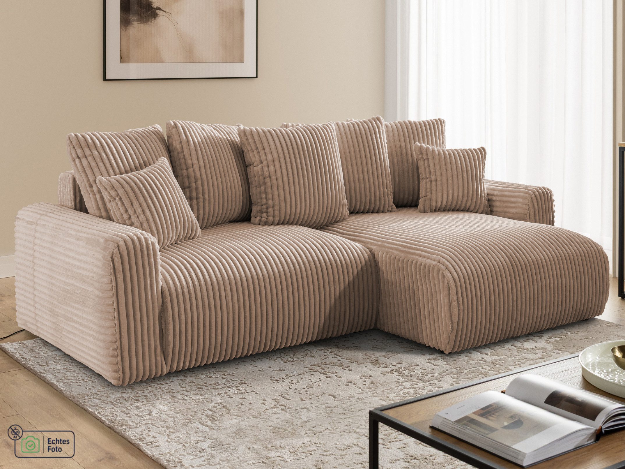 S-Style Möbel Ecksofa Calma mit Schlaffunktion und Bettkasten im Bumpy-Design, aus Plüschcord mit Wellenfederung und hohem Sitzkomfort
