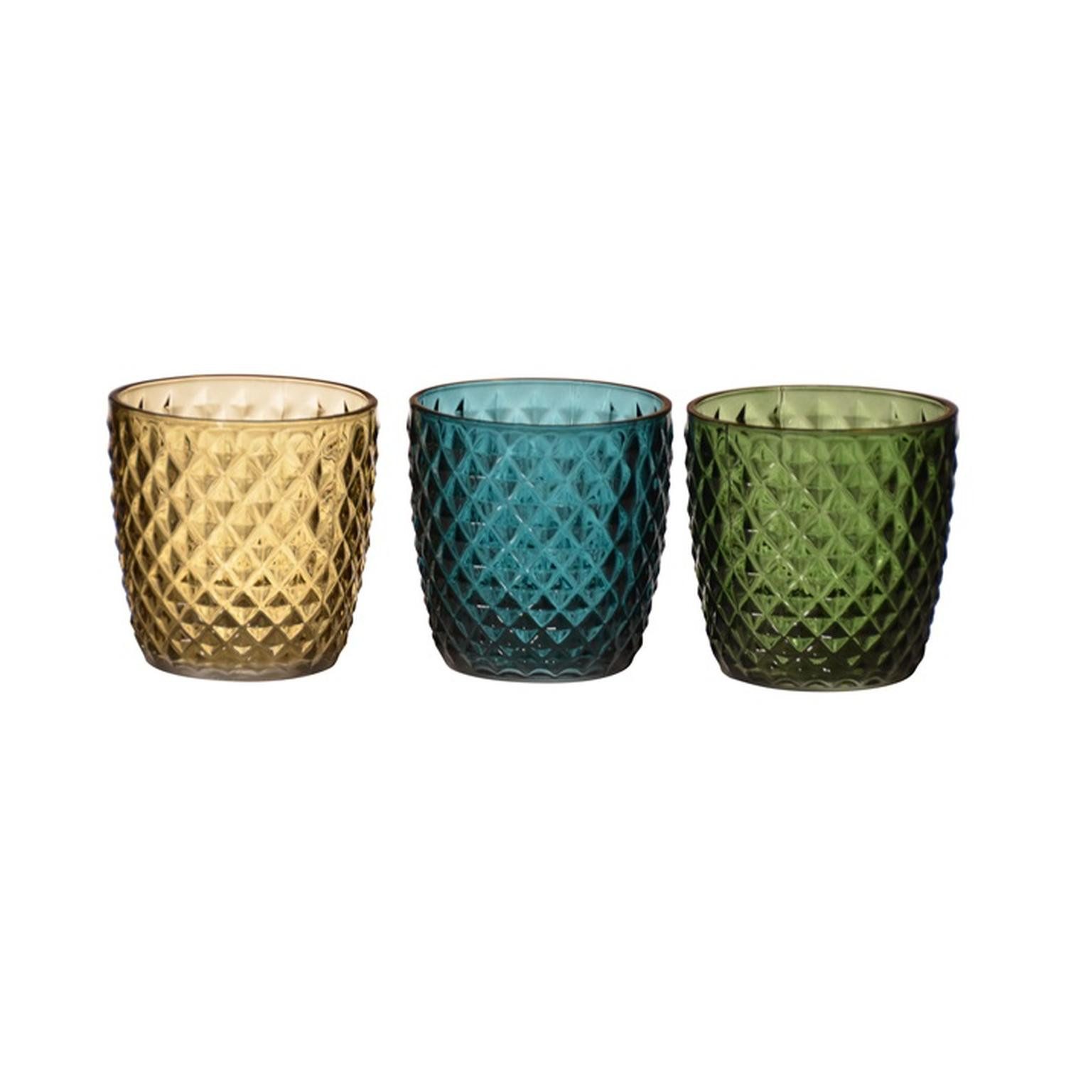 INNA-Glas Kerzenhalter Votivglas Kirstie, 3 Stück, Rauten, grün-gelb-blau, 9cm, Ø9cm