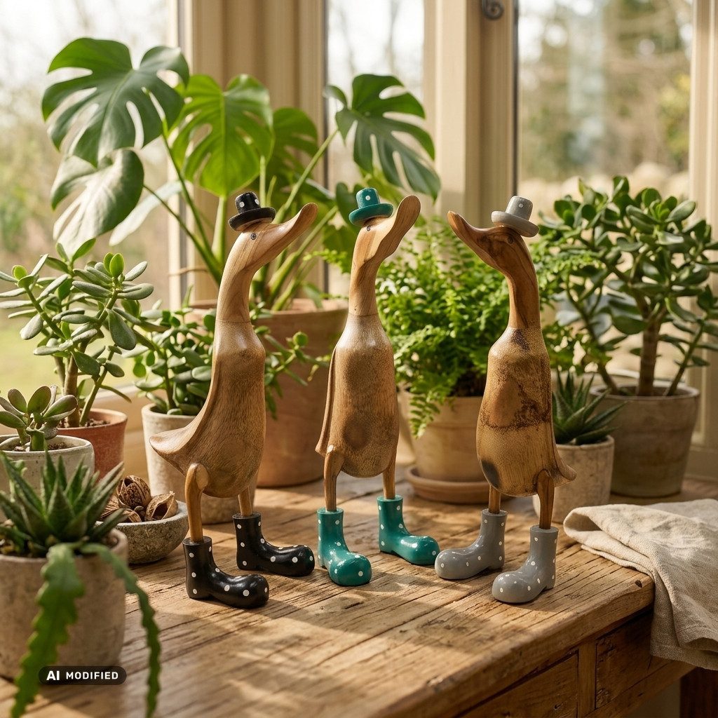 Kinaree Dekofigur Deko Holz Ente mit Gummistiefel und Hut handgefertigt Indonesien, jeden Anlass, Naturprodukt, Handgefertigt, Unikate, Geschenkideen