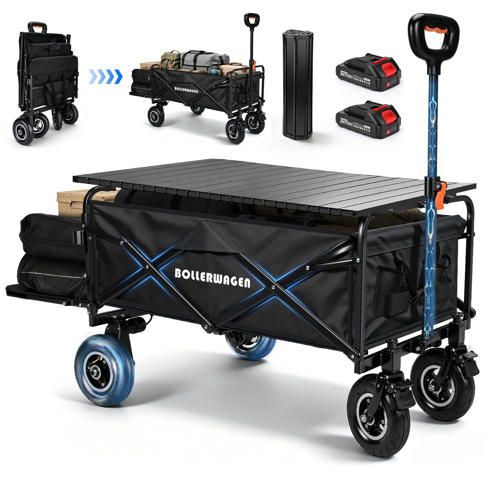 XERSEK Bollerwagen Akku Campingwagen mit Luftrad Klapptisch Faltbar Handwagen mit 2×2,0AH (240L / 120KG / 116×58×55cm / Griff 68-100cm), für Makita Akku, für Camping, Garten, Strand, Einkaufen