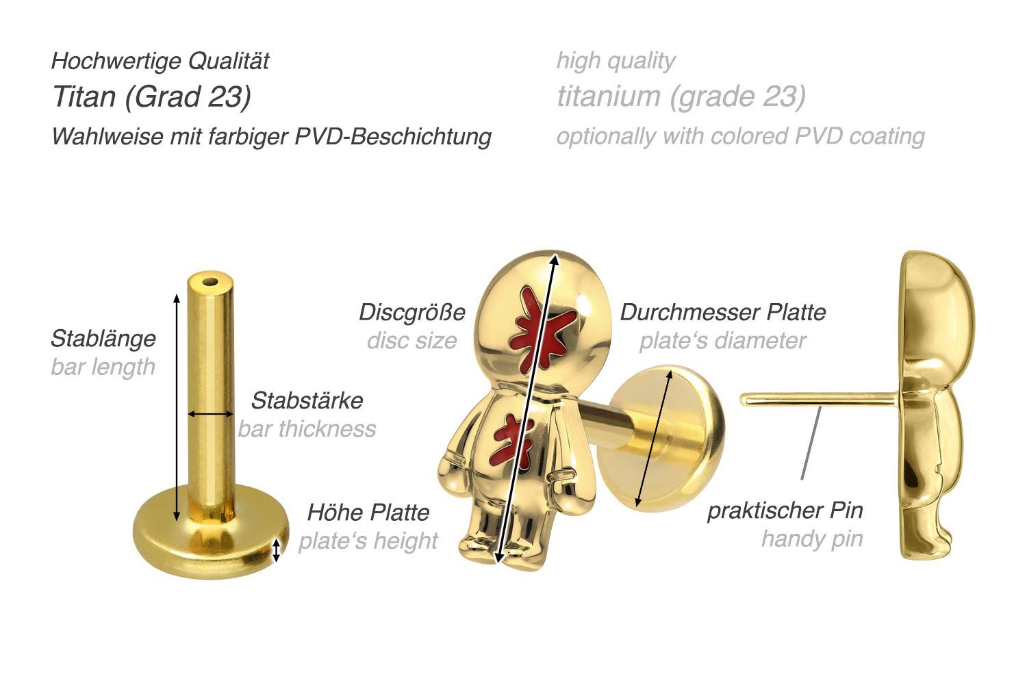 PIERCINGLINE Piercing-Set Titan Labret mit Push Fit PUPPE (Labrets, 1-tlg)
