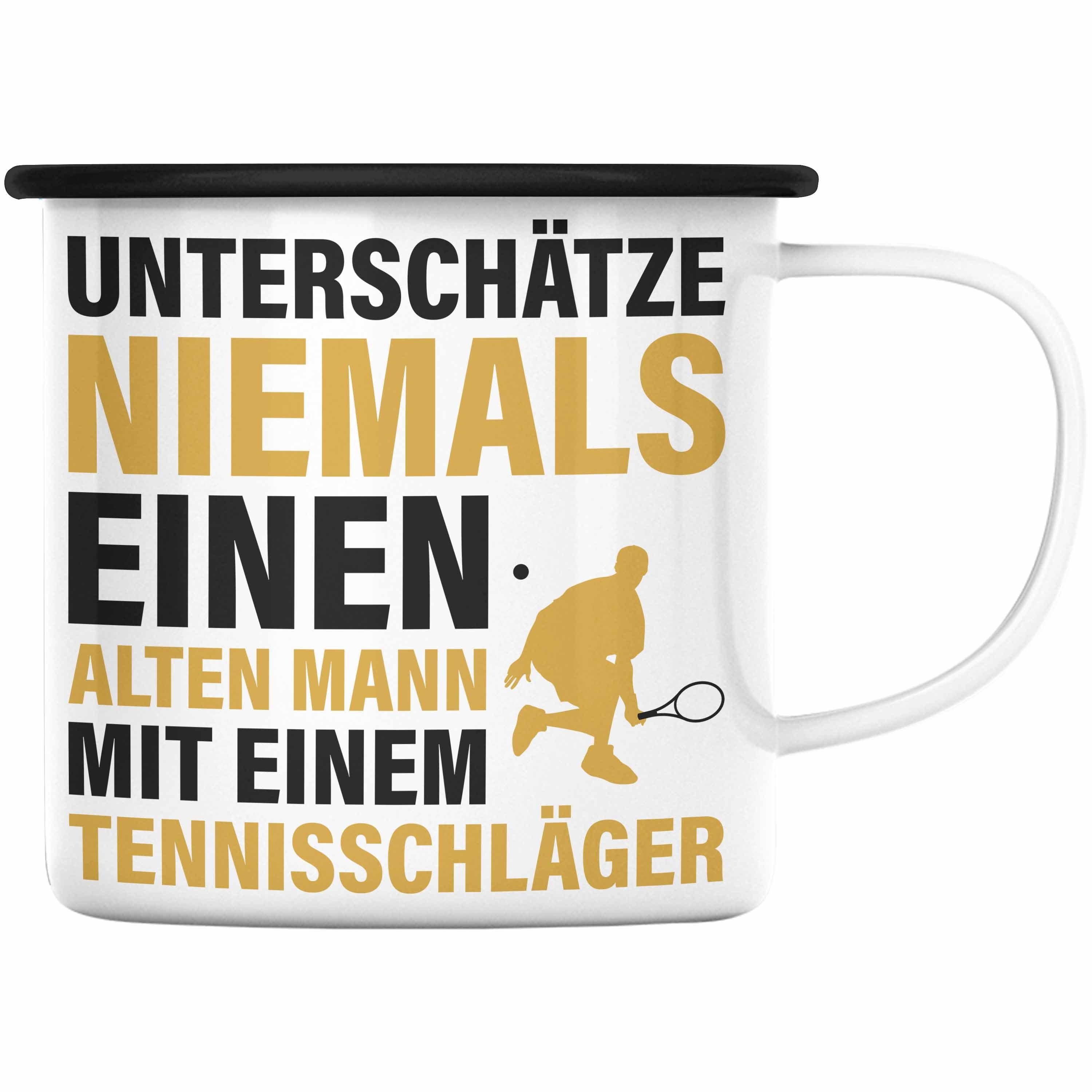Trendation Thermotasse Trendation - Tennis Emaille Tasse Geschenkidee Tennisspieler KaffeeEmaille Tasse Mann Tennis Geschenk Spruch Schwarz