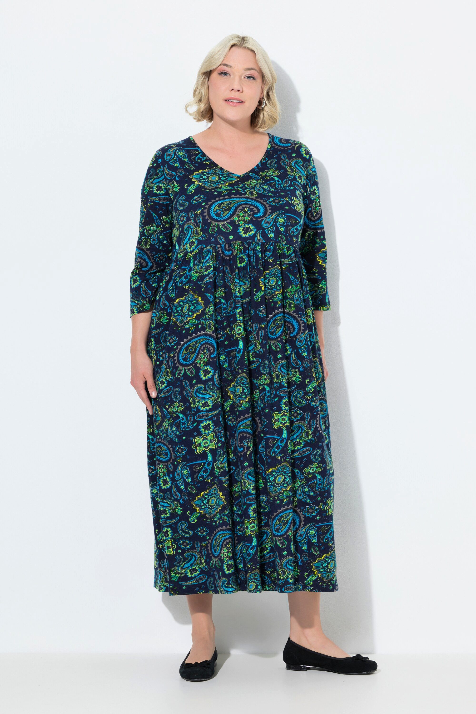 Ulla Popken Maxikleid Jerseykleid Paisley A-Linie V-Ausschnitt 3/4-Arm günstig online kaufen