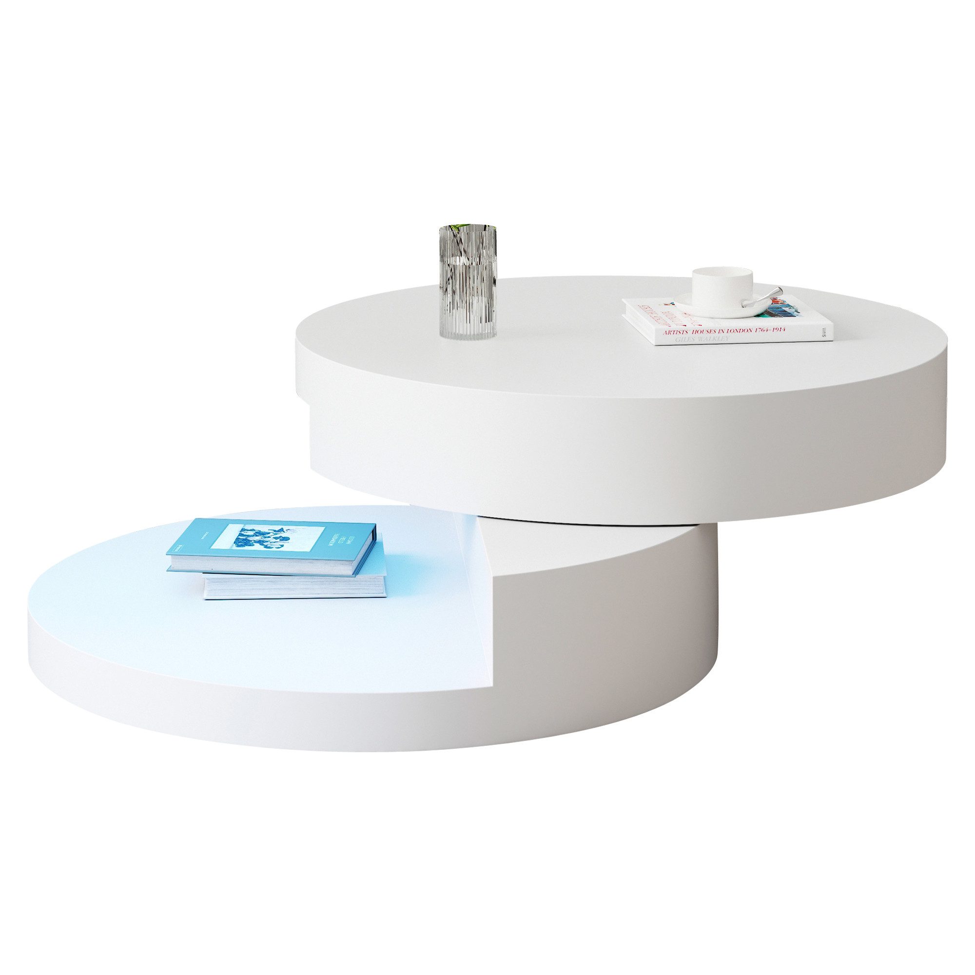 Merax Couchtisch zylindrischer Sofatisch Beistelltisch mit LED und USB (1-St., 1 Tisch), Wohnzimmertisch mit 2 Ebenen & 360° drehbarer Platte, 70x70x35,5cm
