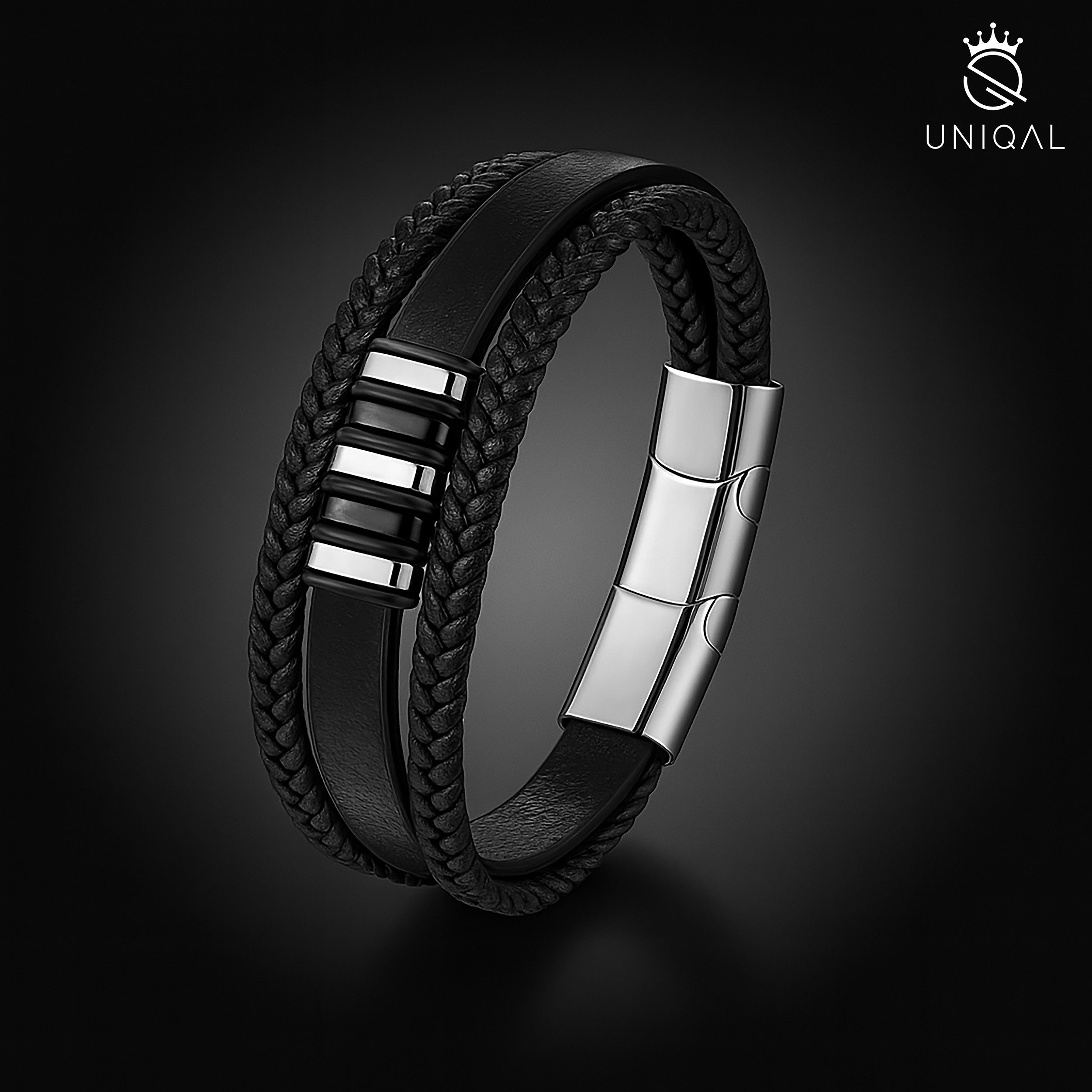 UNIQAL.de Lederarmband VORTEX EDITION – Echtleder, Edelstahl & sicherer Magnetverschluss (Maskuline Linienführung, glänzende Details und anpassbare Größe für je – Bild 5 von 5