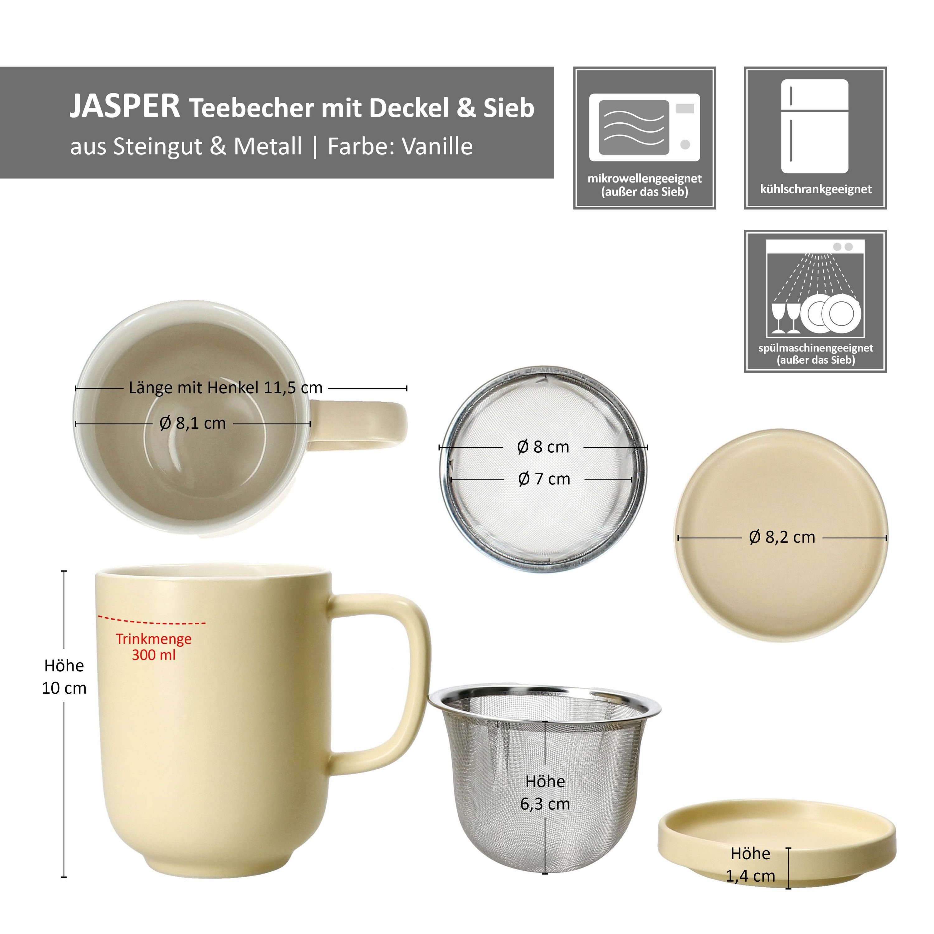 Ritzenhoff & Breker Becher Ritzenhoff 2x Jasper Vanille Teebecher mit Teesieb & Deckel 300ml, Steingut